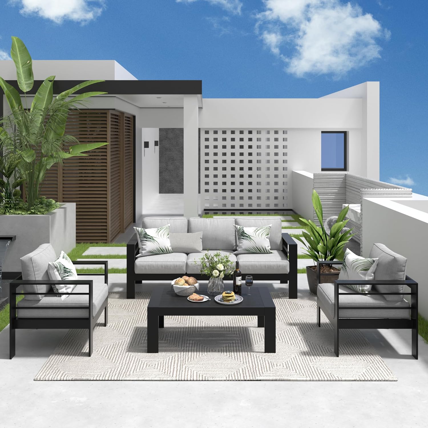 Solaste Aluminum Patio Furniture Set, 5 Seats Modern Outdoor Conversation Set Sectional Sofa with Upgrade Cushion and Coffee Table,Black Frame and Grey Cushion