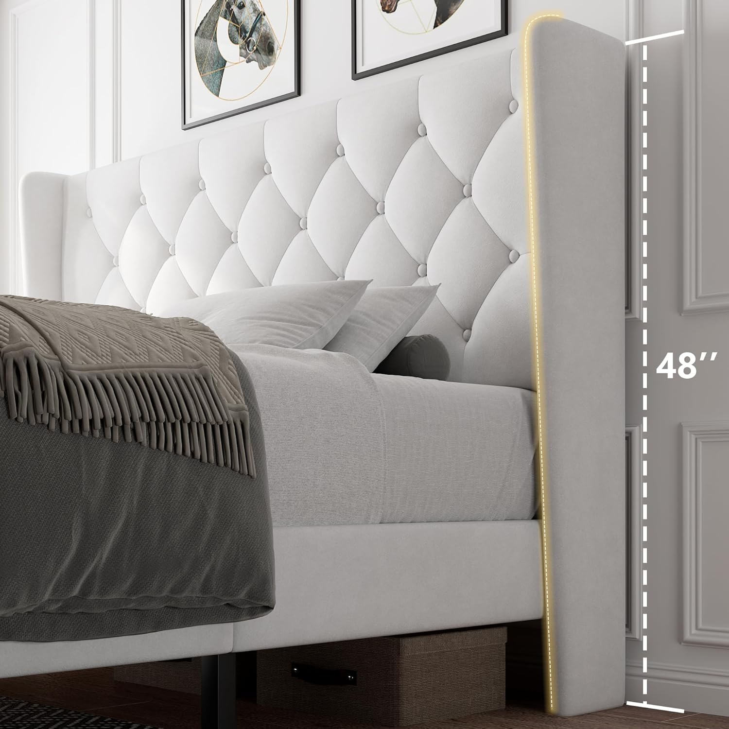iPormis Full Size Velvet Platform Bed Frame with Button Tufted Headboard, Upholstered Bed Frame with Solid Wooden Slats, 8" Underbed Space, No Box Spring Needed, Noise Free, Easy Assembly, White