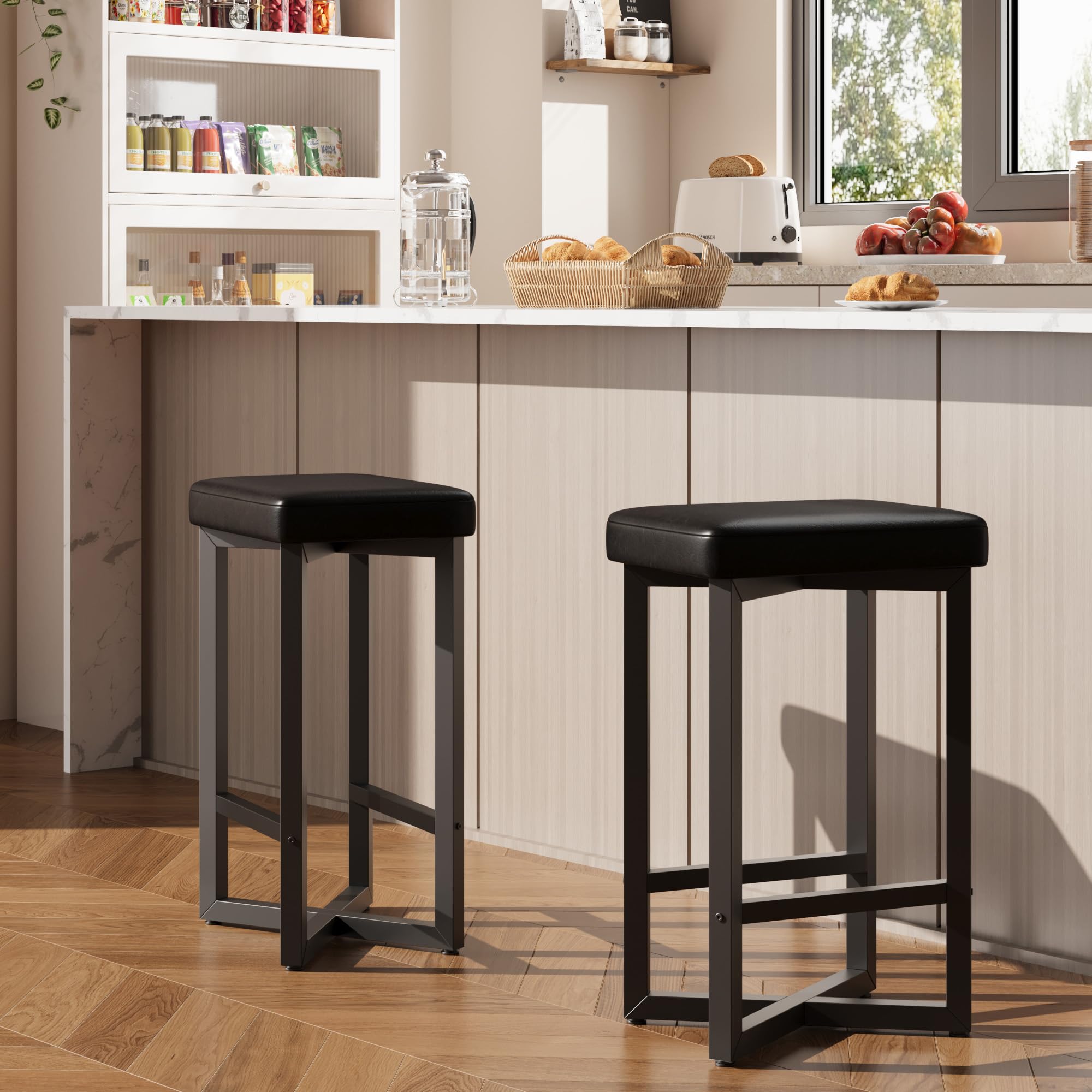 IDEALHOUSE Bar Stools Set of 4, 24.6" Counter Height Backless Barstools, Upholstered PU Leather Seats with Metal X-Frame & Footrest, Modern Kitchen Stools for Home Bar, Dining Room, Brown
