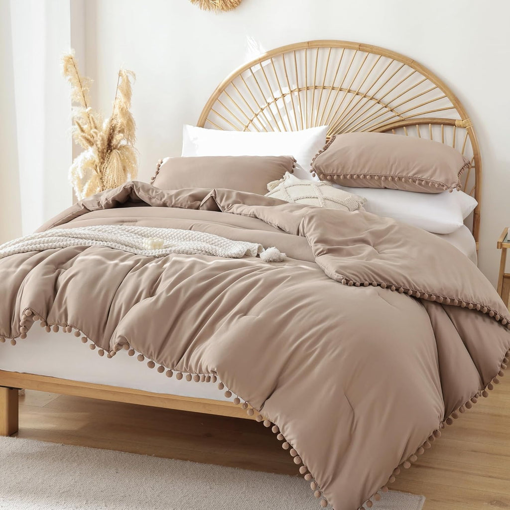 YIRDDEO Queen Comforter Set - Comforter Queen Size Sets with Ball Pom Fringe, Soft Bedding Set for All Seasons - 3 Pieces, 1 Comforter (90"x90") & 2 Pillow Shams (20"x26"), Taupe