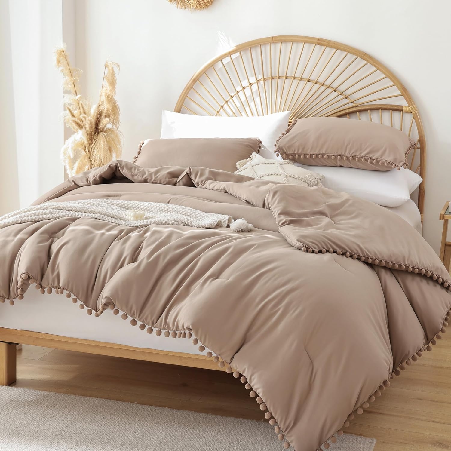 YIRDDEO Queen Comforter Set - Comforter Queen Size Sets with Ball Pom Fringe, Soft Bedding Set for All Seasons - 3 Pieces, 1 Comforter (90"x90") & 2 Pillow Shams (20"x26"), Taupe