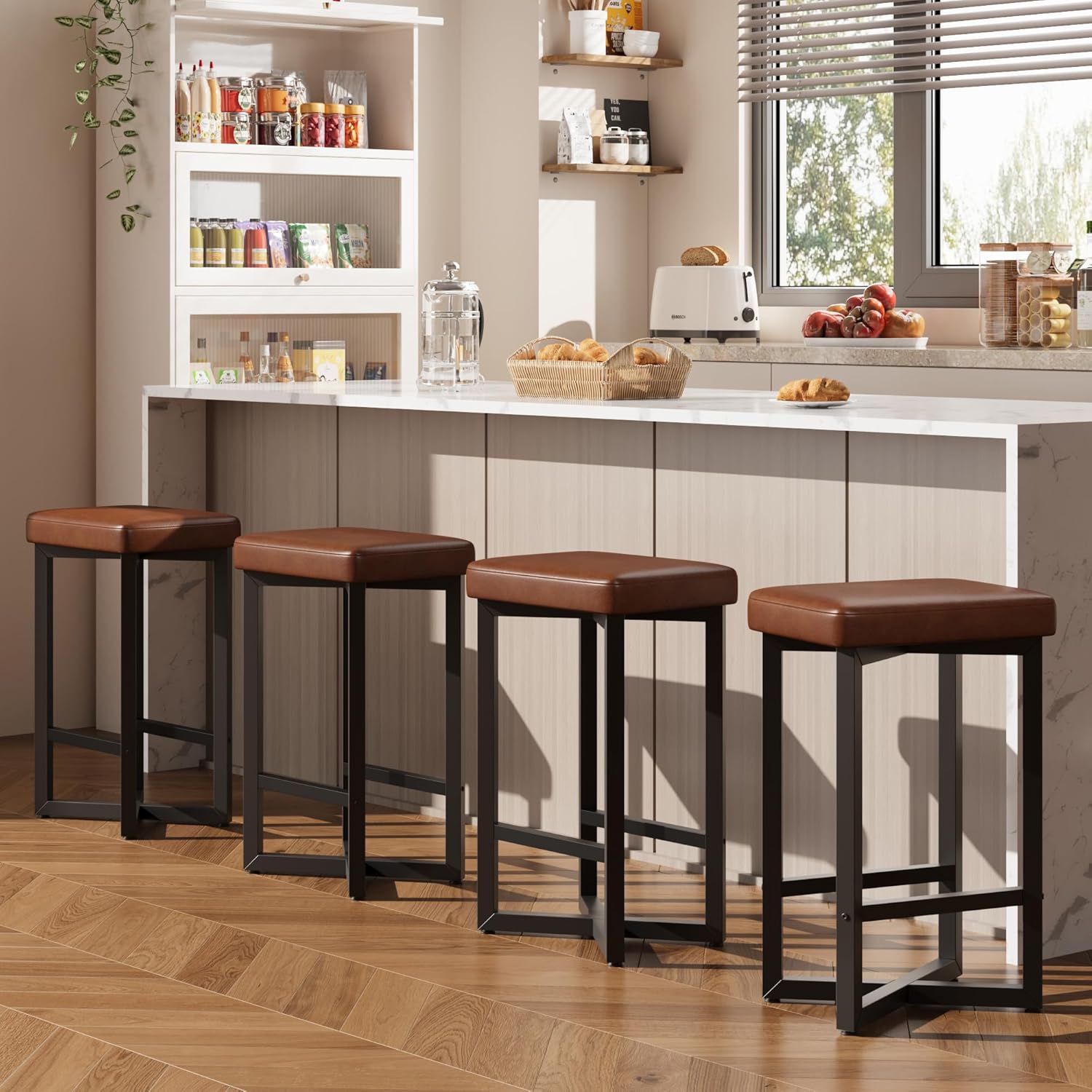 IDEALHOUSE Bar Stools Set of 4, 24.6" Counter Height Backless Barstools, Upholstered PU Leather Seats with Metal X-Frame & Footrest, Modern Kitchen Stools for Home Bar, Dining Room, Brown