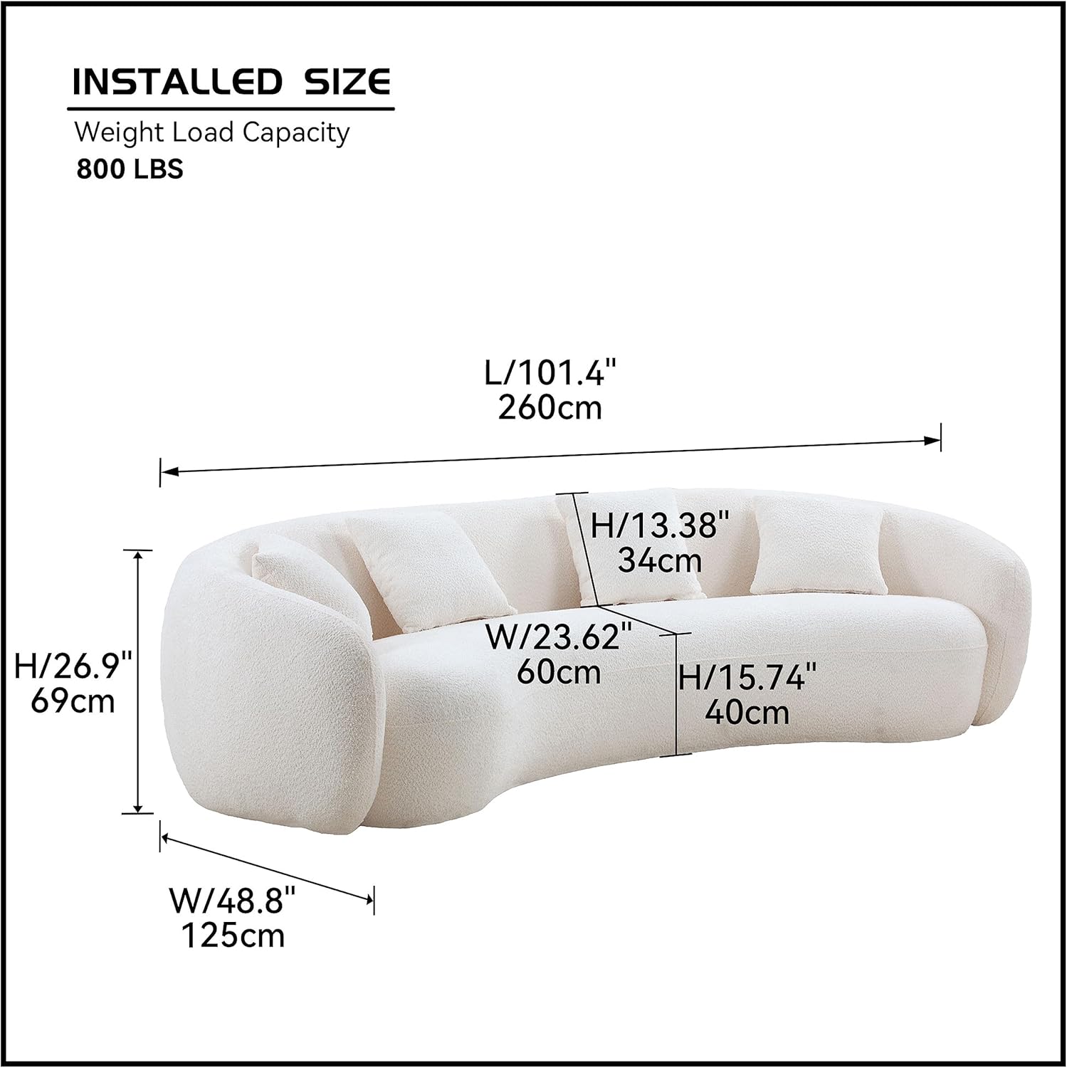 101'' Curved Sofa, Mid Century Modern Half Moon Living Room Sofa, Luxury 5-Seat With 4 Throw Pillows, Teddy Fleece Leisure Couch for Apartment, Office, Bedroom, Beige
