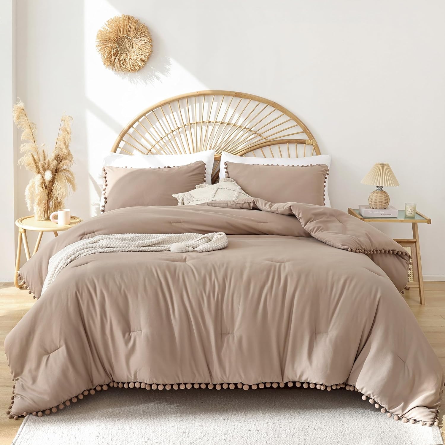YIRDDEO Queen Comforter Set - Comforter Queen Size Sets with Ball Pom Fringe, Soft Bedding Set for All Seasons - 3 Pieces, 1 Comforter (90"x90") & 2 Pillow Shams (20"x26"), Taupe