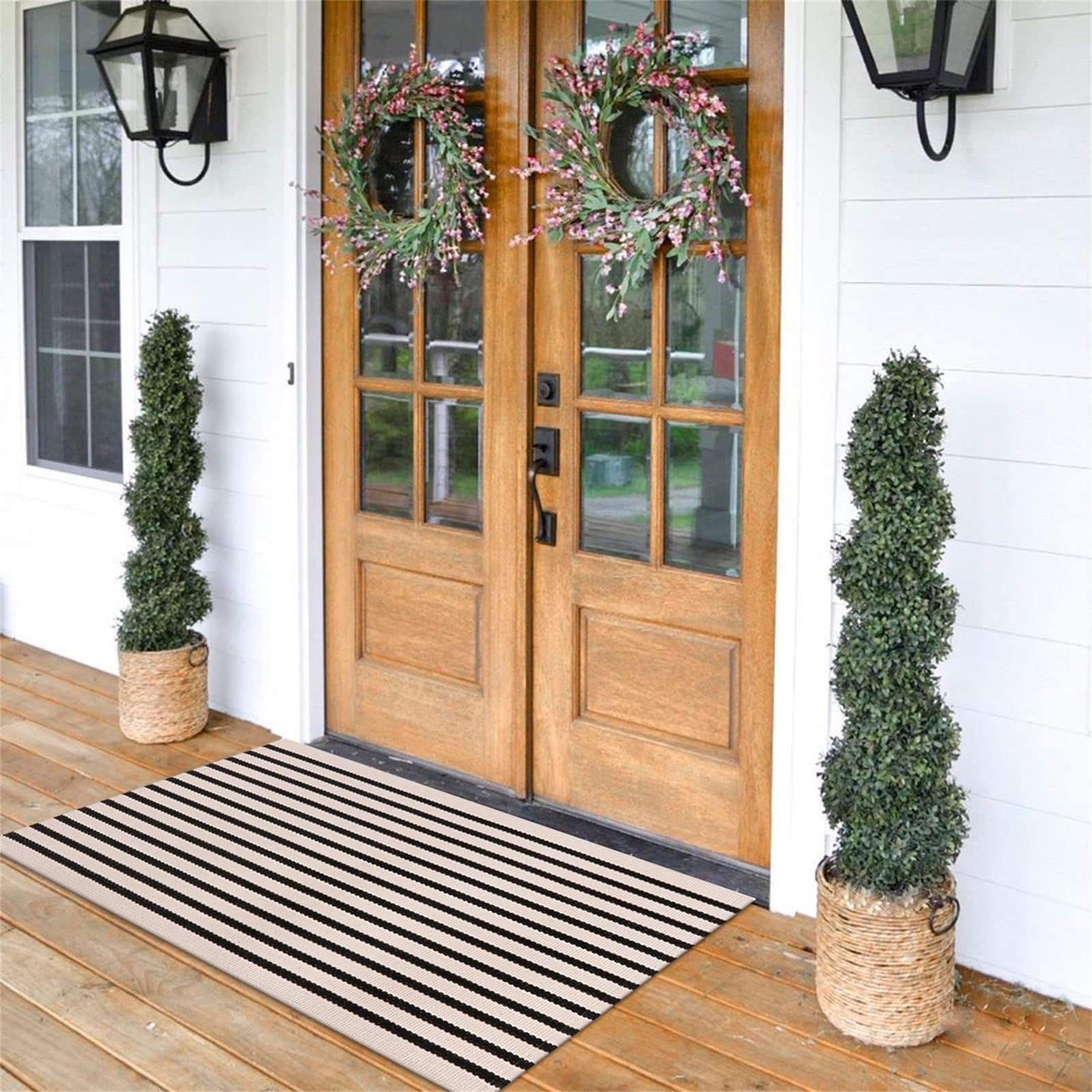 LEEVAN Outdoor Door Mat 2'x3' Washable Welcome Mat Woven Black and White Entryway Rug Farmhouse Front Porch Decor Outside Entrance Striped Outdoor Floor Mats