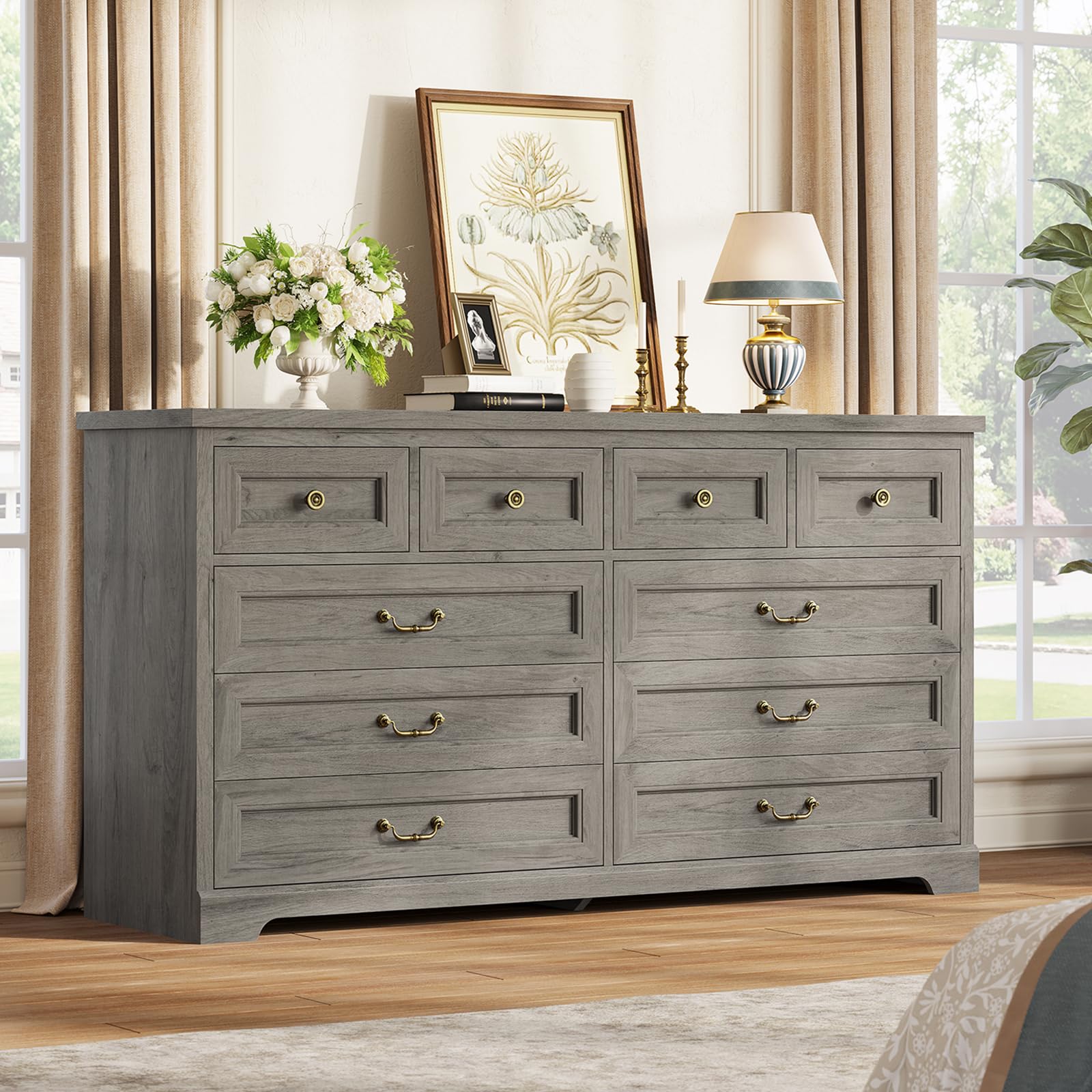 Hasuit Farmhouse 10 Drawer Dresser for Bedroom, 55.1" Wide Dressers Chest of Drawers, Rustic Wood Storage Cabinet with Deep Drawers and Vintage Handle, Large Black Dresser for Bedroom, Closet, Hallway