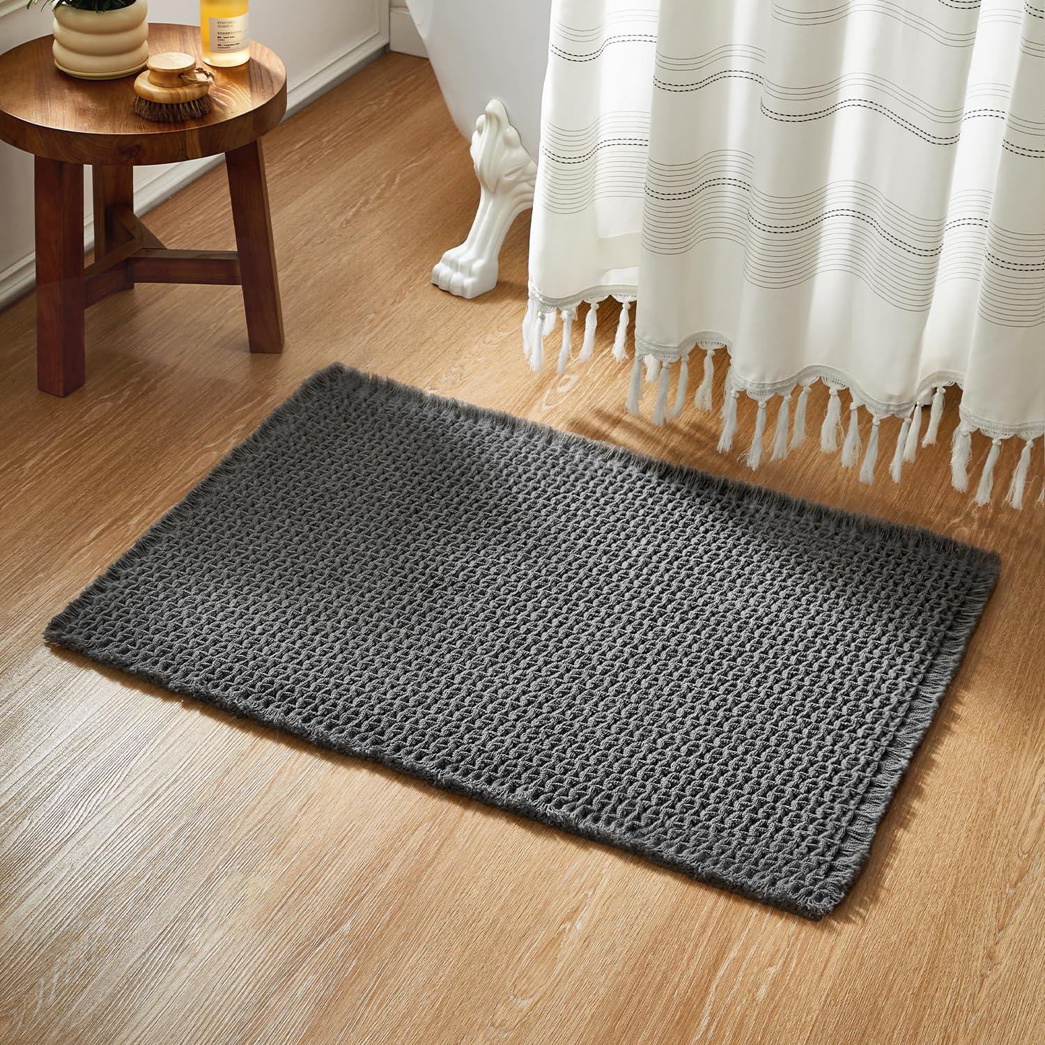 Boho Bathroom Rugs, Super Absorbent Non Slip Waffle Bath Mat Quick Dry Bath Rugs Washable Boho Farmhouse Bathroom Rugs, Dark Grey 72"x24"