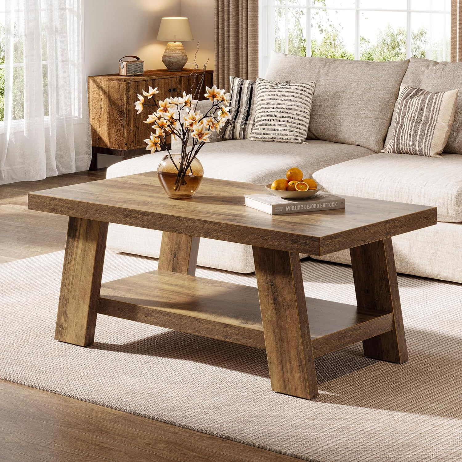 Tribesigns Farmhouse Coffee Table, Rustic Coffee Tables for Living Room, 47.24" Rectangular Wood Living Room Tables, 2-Tier Center Table with Storage for Apartment, Bedroom, Office (Rustic Brown)