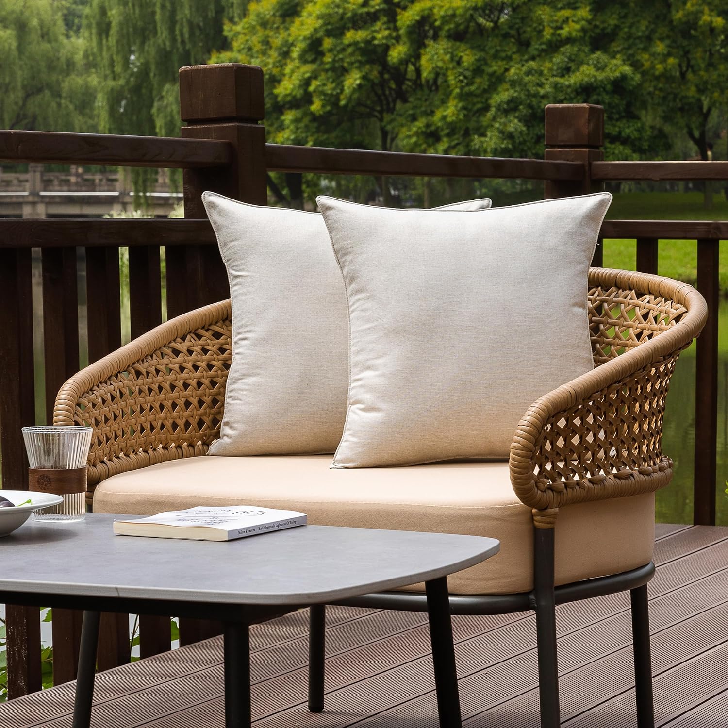 NiNi ALL Outdoor Waterproof Throw Pillow Covers Set of 2 Decorative Farmhouse Garden Pillowcase Solid Cushion Cases for Patio Tent Couch 18x18 inch Beige