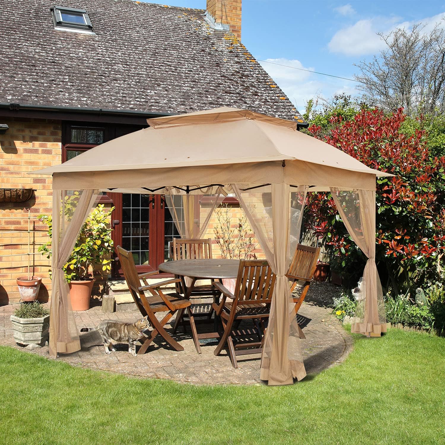 COOS BAY 11x11 Pop-Up Instant Gazebo Tent with Mosquito Netting Outdoor Canopy Shelter with 121 Square Feet of Shade (Khaki)
