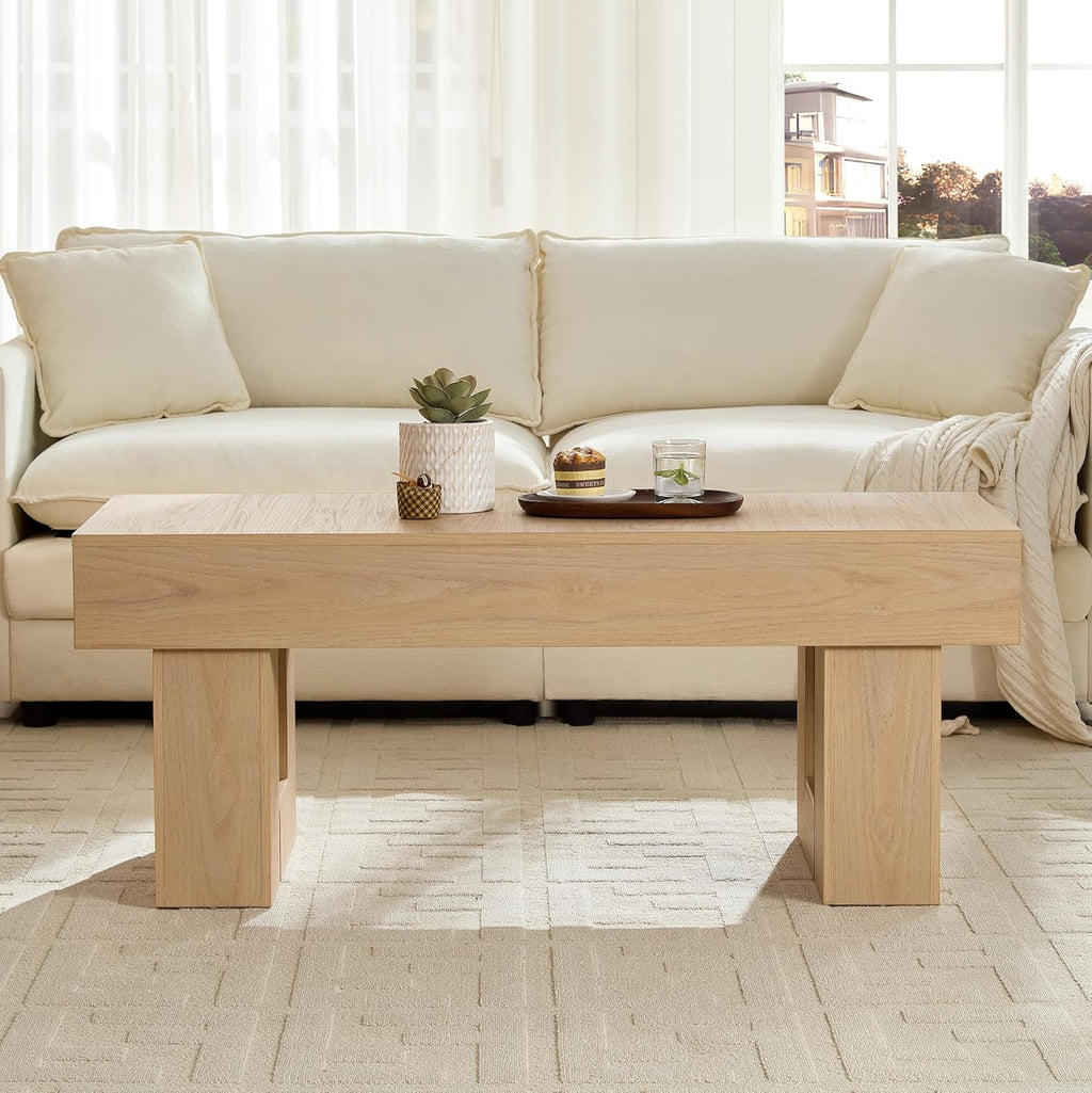 Modern Coffee Table for Living Room, Wood Rectangular Living Room Table with Sturdy Wooden Legs, Easy Assembly, 47" W x 19" D, Natural Oak