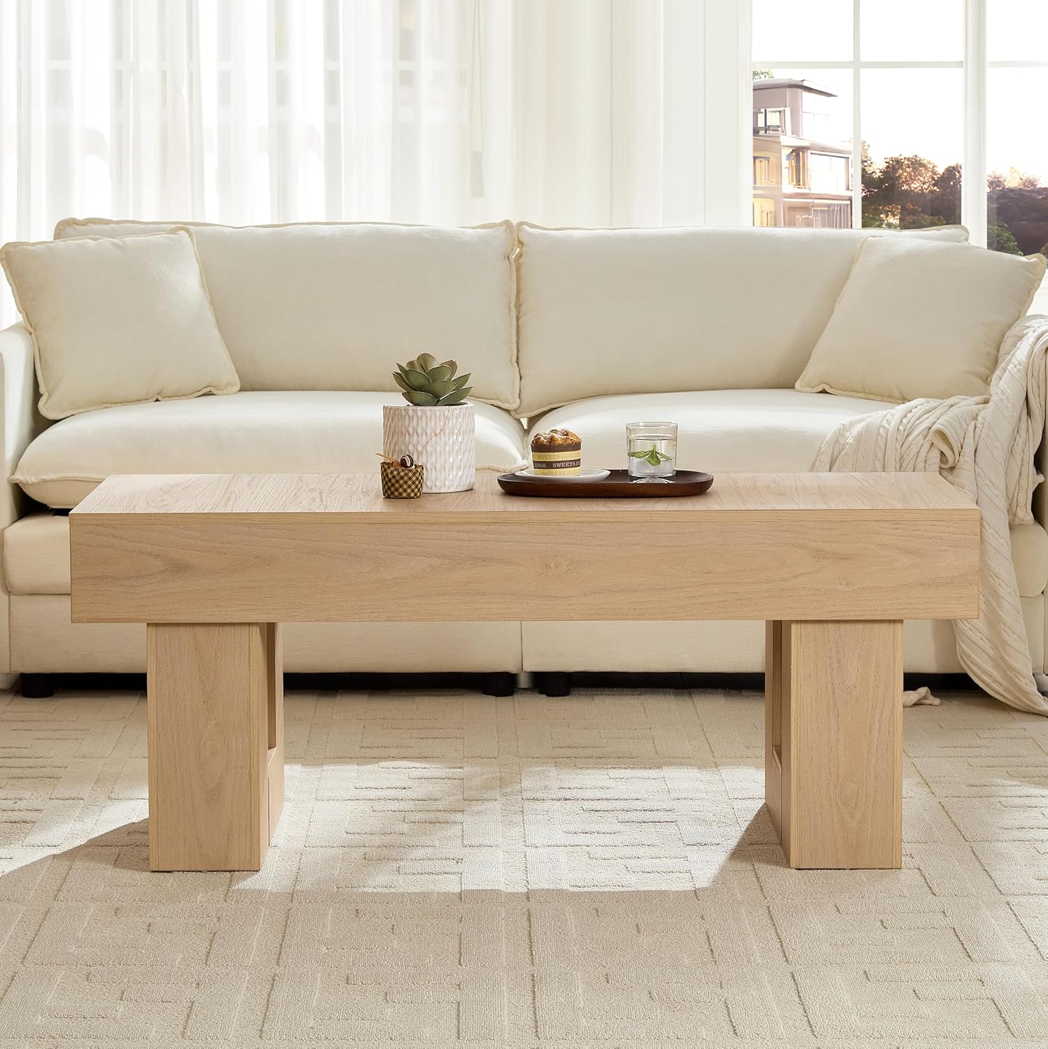 Modern Coffee Table for Living Room, Wood Rectangular Living Room Table with Sturdy Wooden Legs, Easy Assembly, 47" W x 19" D, Natural Oak