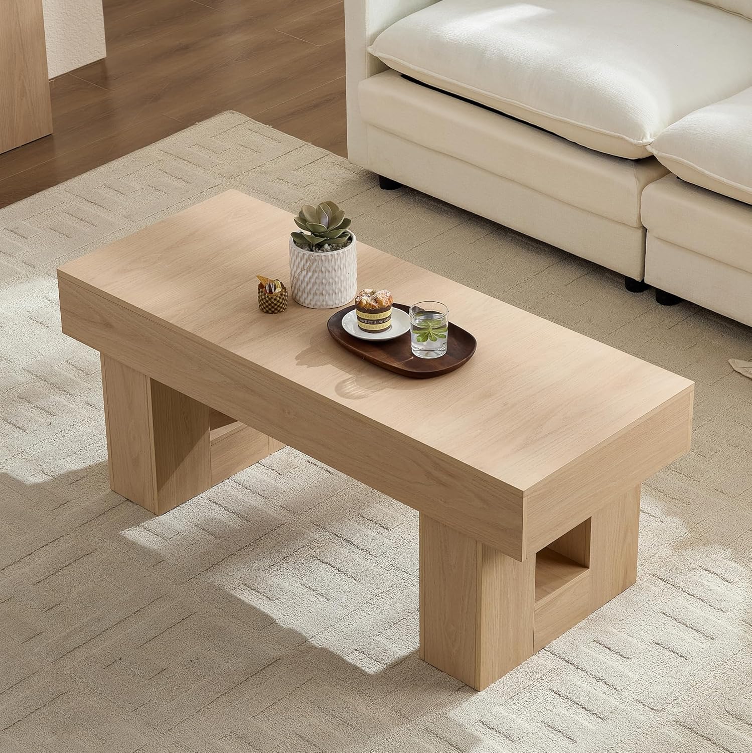 Modern Coffee Table for Living Room, Wood Rectangular Living Room Table with Sturdy Wooden Legs, Easy Assembly, 47" W x 19" D, Natural Oak