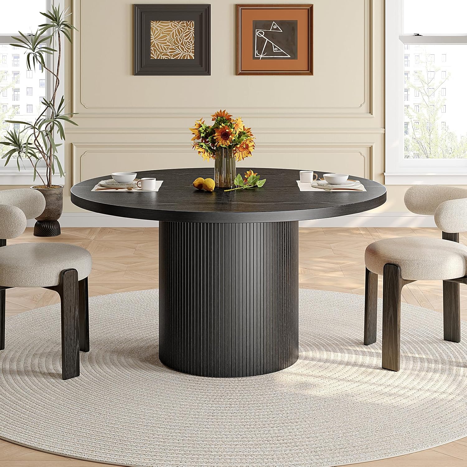 47 inch Round Dining Table for 4, Circle Kitchen Table with Wood Strip Base, Modern Farmhouse Dinner Tables for Kitchen, Living Room (Black)