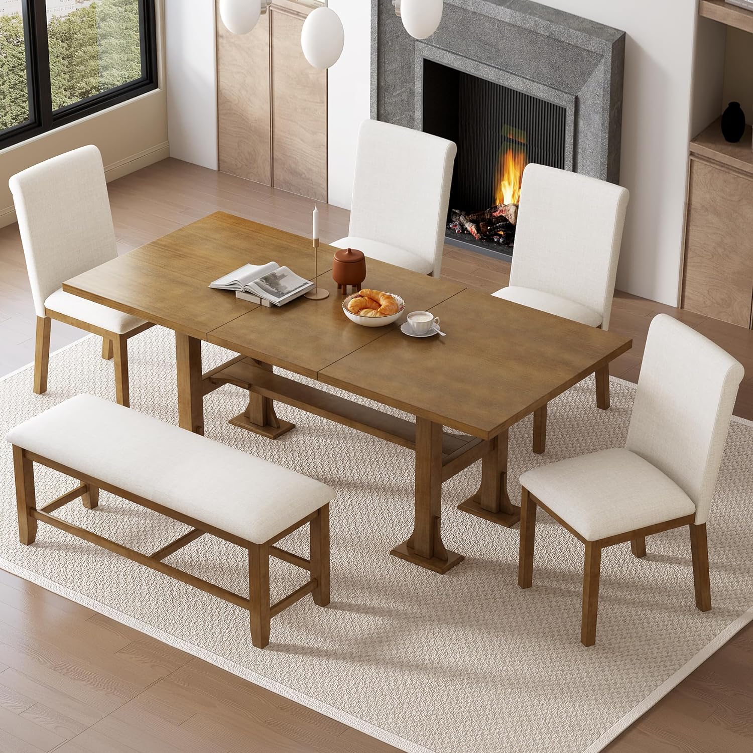 Merax 6-Piece Dining Table Set, 76 inch Extendable Table with 18inch Removable Leaf & Upholstered Chair & Bench, Wood Rectangular Dining Set, Farmhouse Kitchen Dining Table Set for 6(Dark Brown)