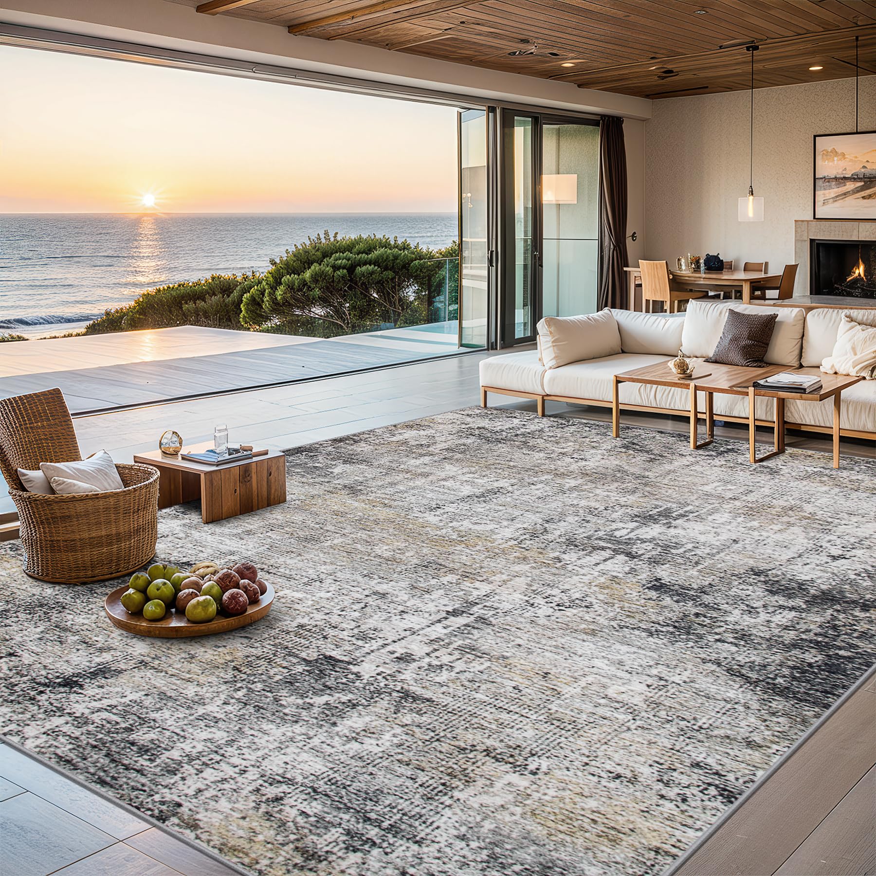 8x10 Area Rugs for Living Room - Washable Rug Modern Abstract Soft Large Neutral Non-Slip Carpet Indoor Floor Stain Resistant Thin Carpets for Bedroom Dining Room Farmhouse Nursery Home Office Grey