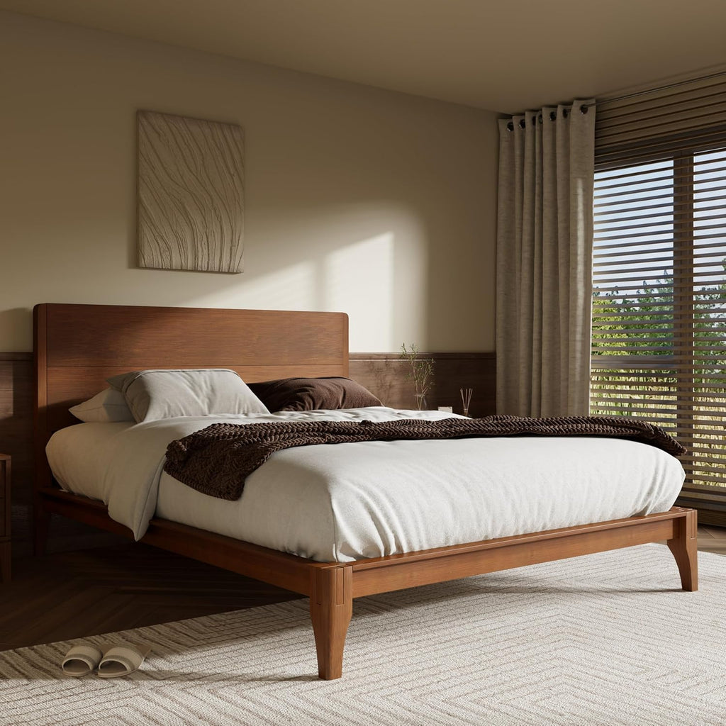 Merax Queen Size Bamboo Platform Bed, Mid-Century Modern Bed Frame with Tall Headboard, Solid Sustainable Bedframe Queen-size, Wood Slat Support, No Box Spring Needed, Easy Assembly, Noise Free, Brown