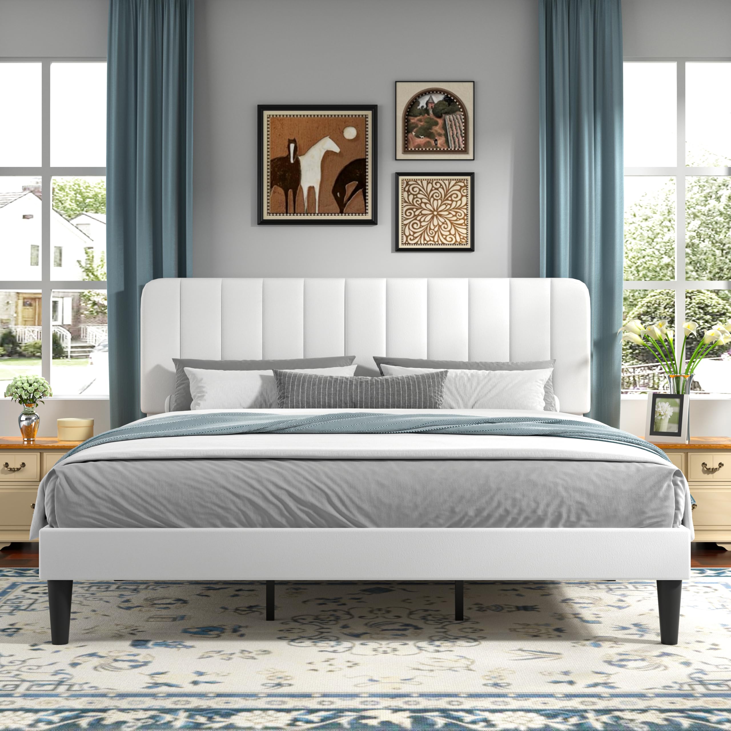 VECELO Queen Size Bed Frame with Upholstered Headboard, Velvet Platform Bedframe Mattress Foundation, Strong Wood Slat Support, No Box Spring Needed,Velvet Beige