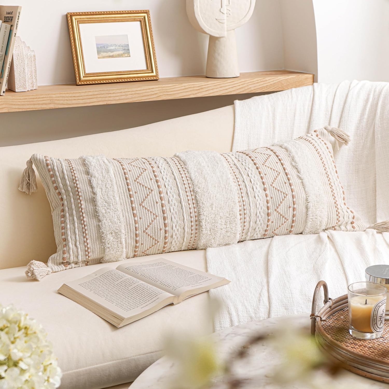 Cream Decorative Lumbar Throw Pillow Cover 14x36 Boho Long Cushion for Bed Neutral Accent Farmhouse Pillowcase for Bedroom Living Room Couch Sofa Home Décor (Cover ONLY, Pack of 1)