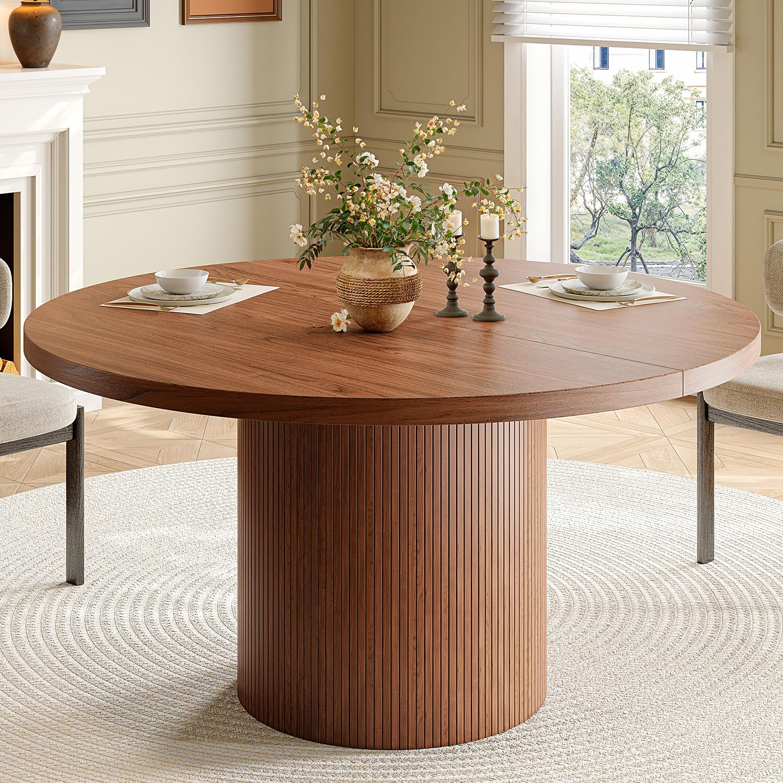 47 inch Round Dining Table for 4, Circle Kitchen Table with Wood Strip Base, Modern Farmhouse Dinner Tables for Kitchen, Living Room (Black)