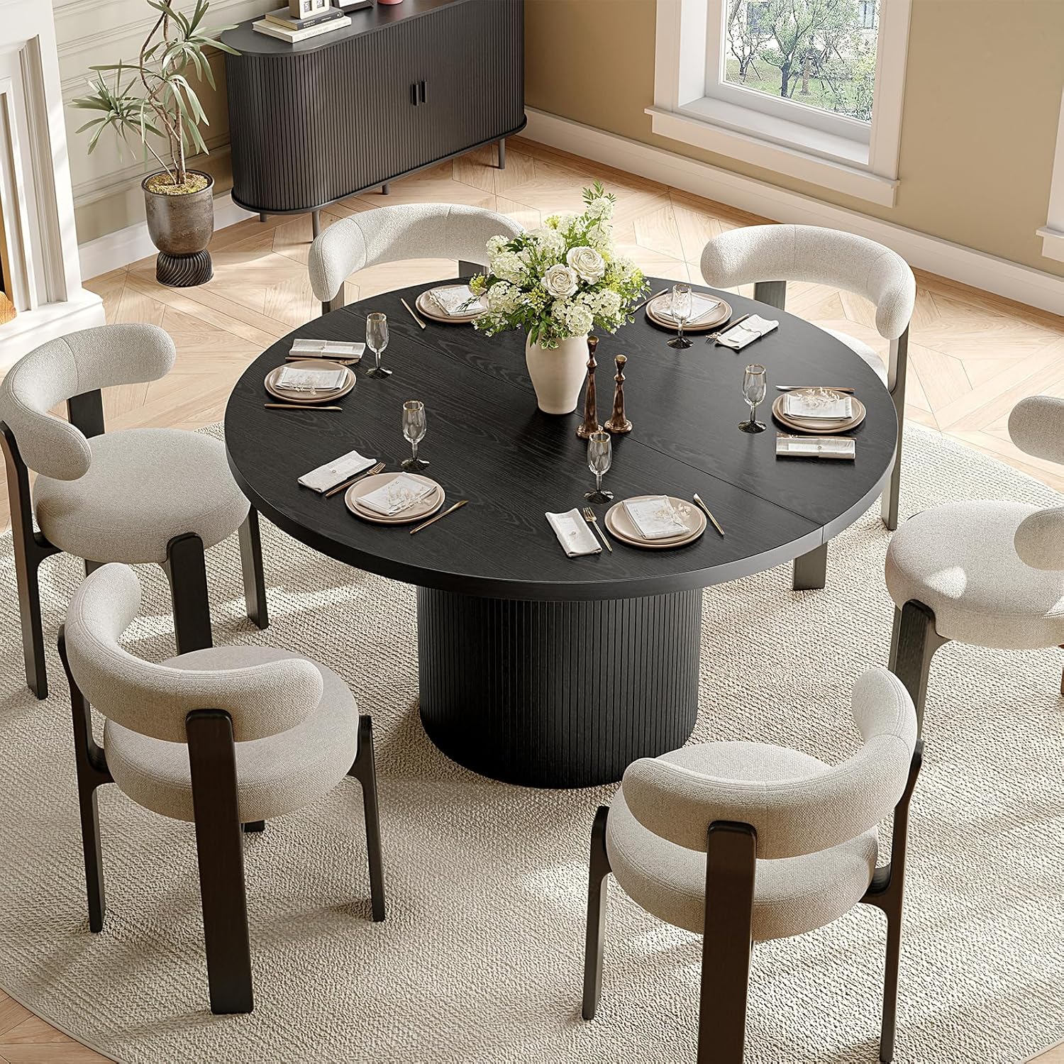 47 inch Round Dining Table for 4, Circle Kitchen Table with Wood Strip Base, Modern Farmhouse Dinner Tables for Kitchen, Living Room (Black)