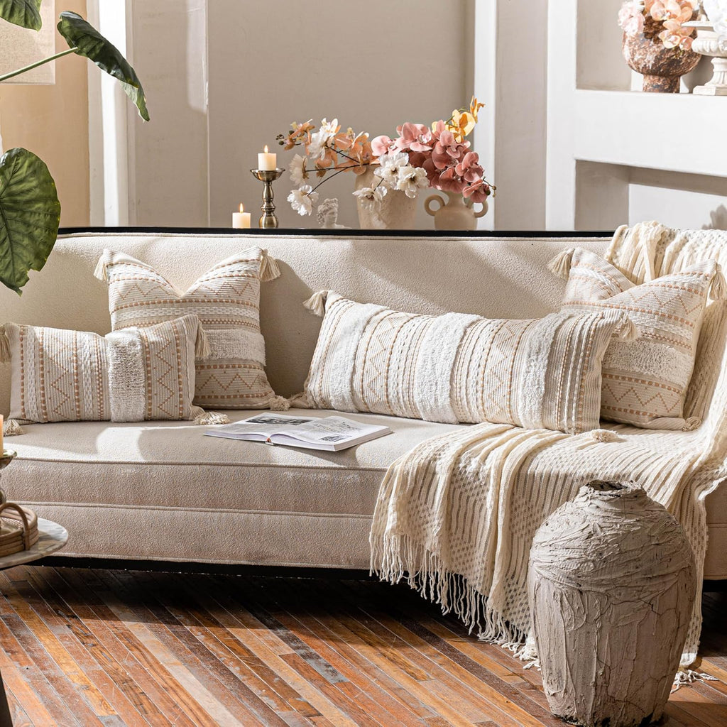Cream Decorative Lumbar Throw Pillow Cover 14x36 Boho Long Cushion for Bed Neutral Accent Farmhouse Pillowcase for Bedroom Living Room Couch Sofa Home Décor (Cover ONLY, Pack of 1)