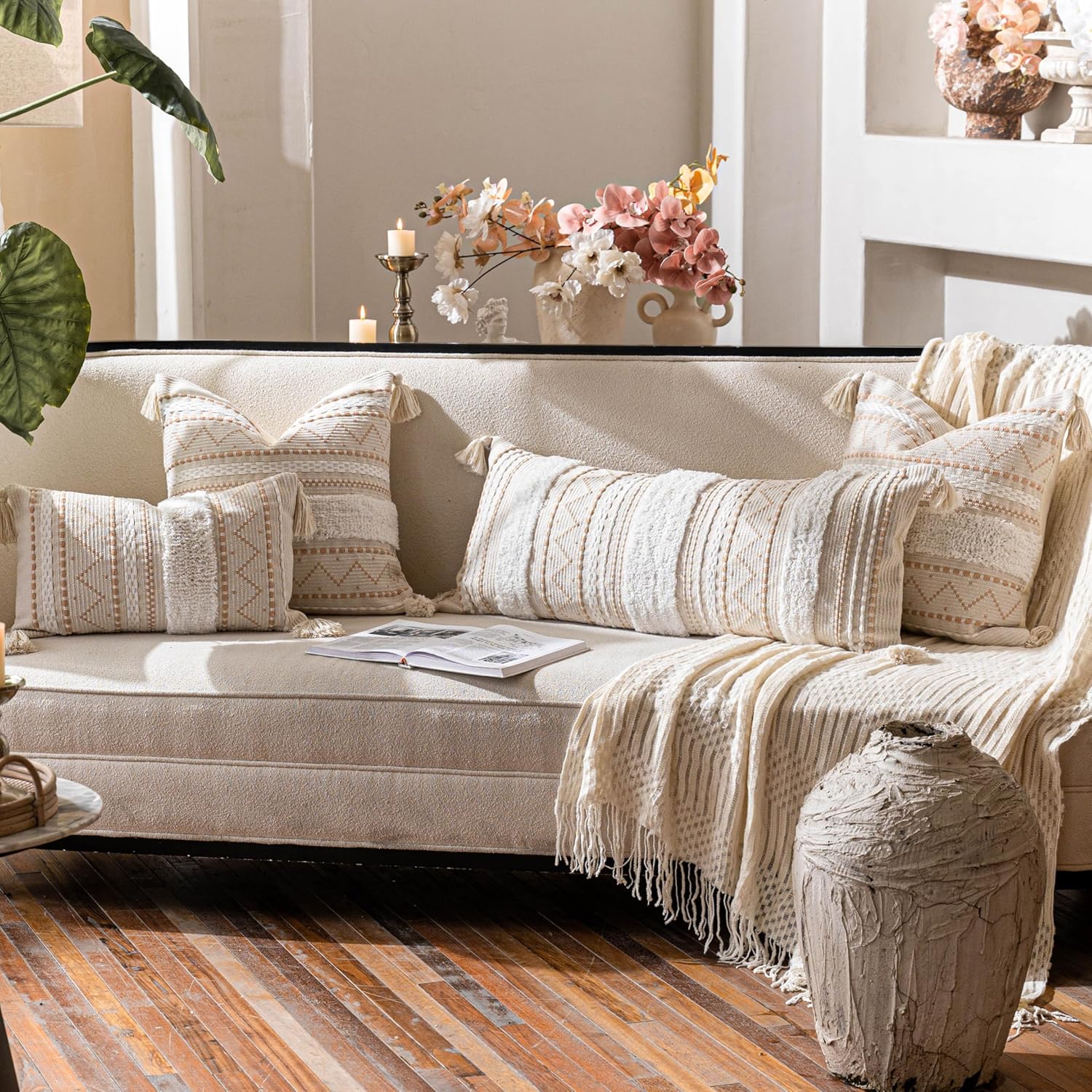 Cream Decorative Lumbar Throw Pillow Cover 14x36 Boho Long Cushion for Bed Neutral Accent Farmhouse Pillowcase for Bedroom Living Room Couch Sofa Home Décor (Cover ONLY, Pack of 1)