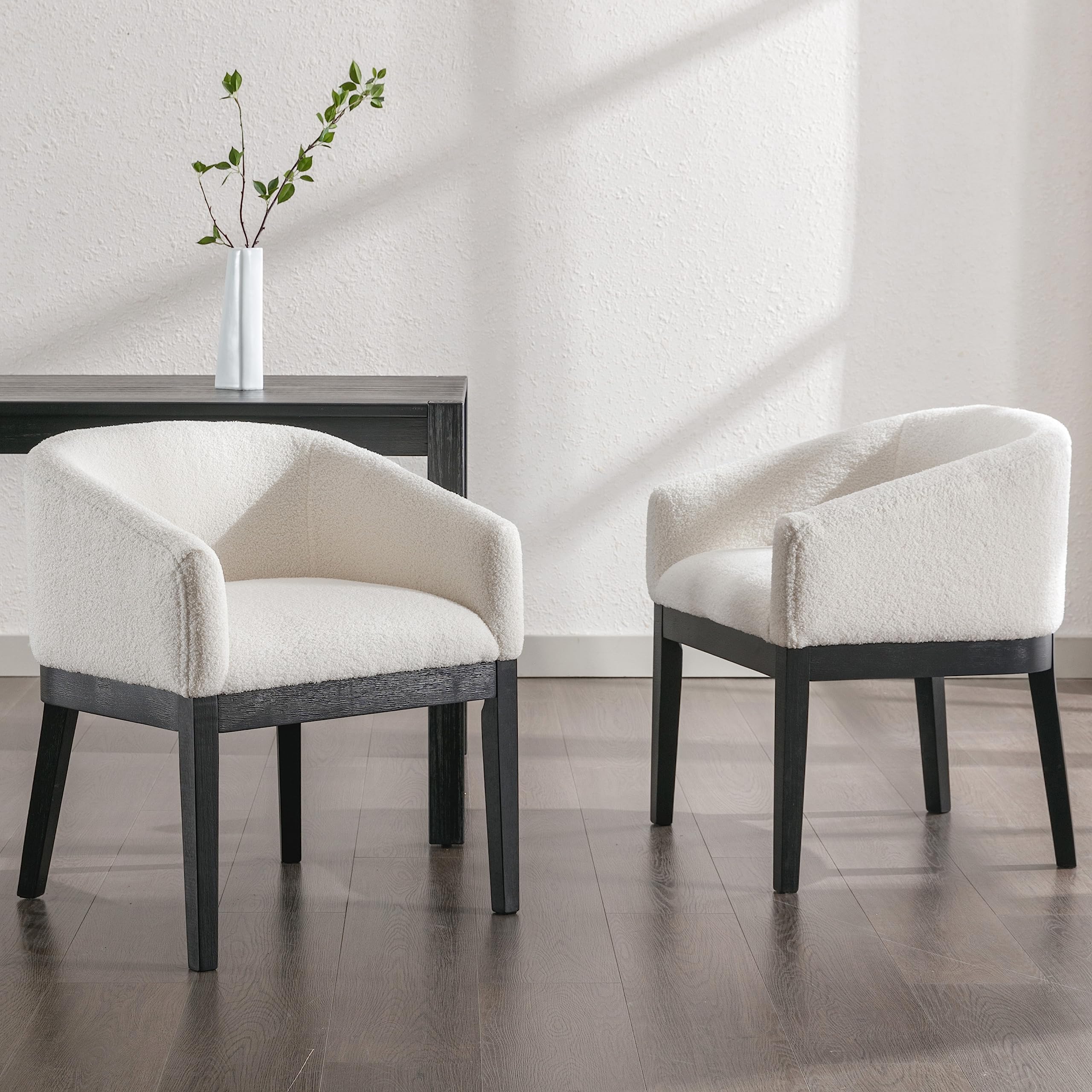 Beige Mid Century Modern Dining Chairs Set of 4, Farmhouse Linen Upholstered Accent Curved Backrest Kitchen Chairs Armchairs with Natural Wood Legs, Beige