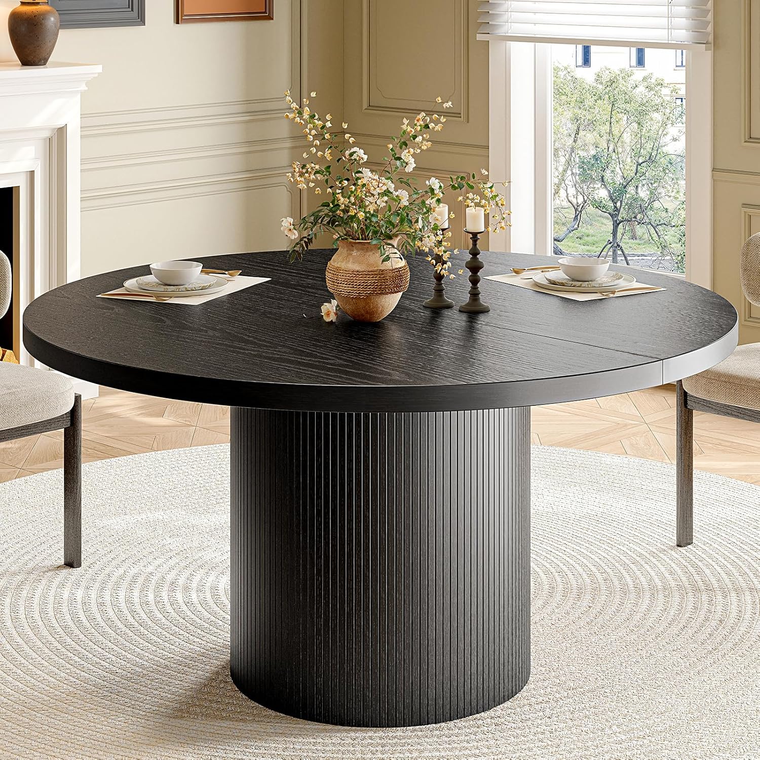 47 inch Round Dining Table for 4, Circle Kitchen Table with Wood Strip Base, Modern Farmhouse Dinner Tables for Kitchen, Living Room (Black)