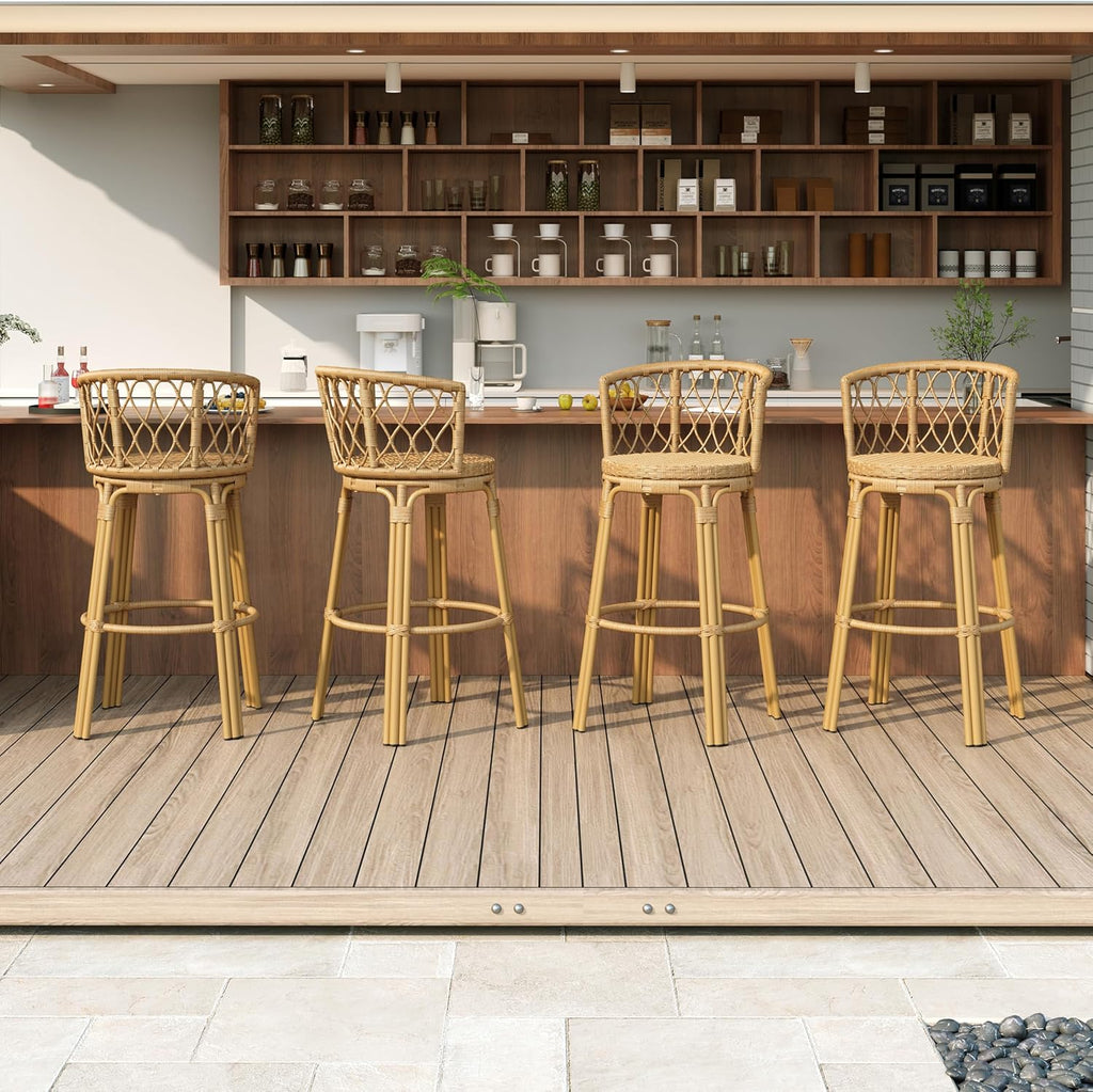 Christopher Knight Home Harrison 28.75"H Outdoor Barstools Set of 4, Rattan Bar Chair, Barrel Backrest Counter Stool, Country Style Bistro Stool, Patio Barstools for Gardern Orchard Yard, Light Brown