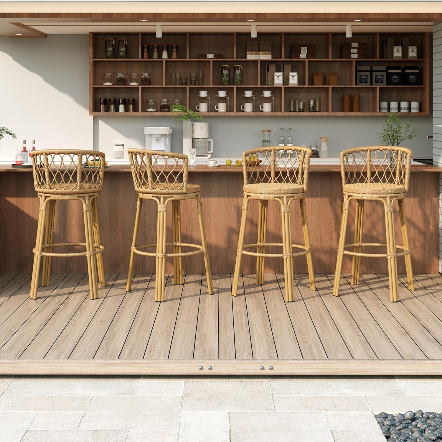 Christopher Knight Home Harrison 28.75"H Outdoor Barstools Set of 4, Rattan Bar Chair, Barrel Backrest Counter Stool, Country Style Bistro Stool, Patio Barstools for Gardern Orchard Yard, Light Brown