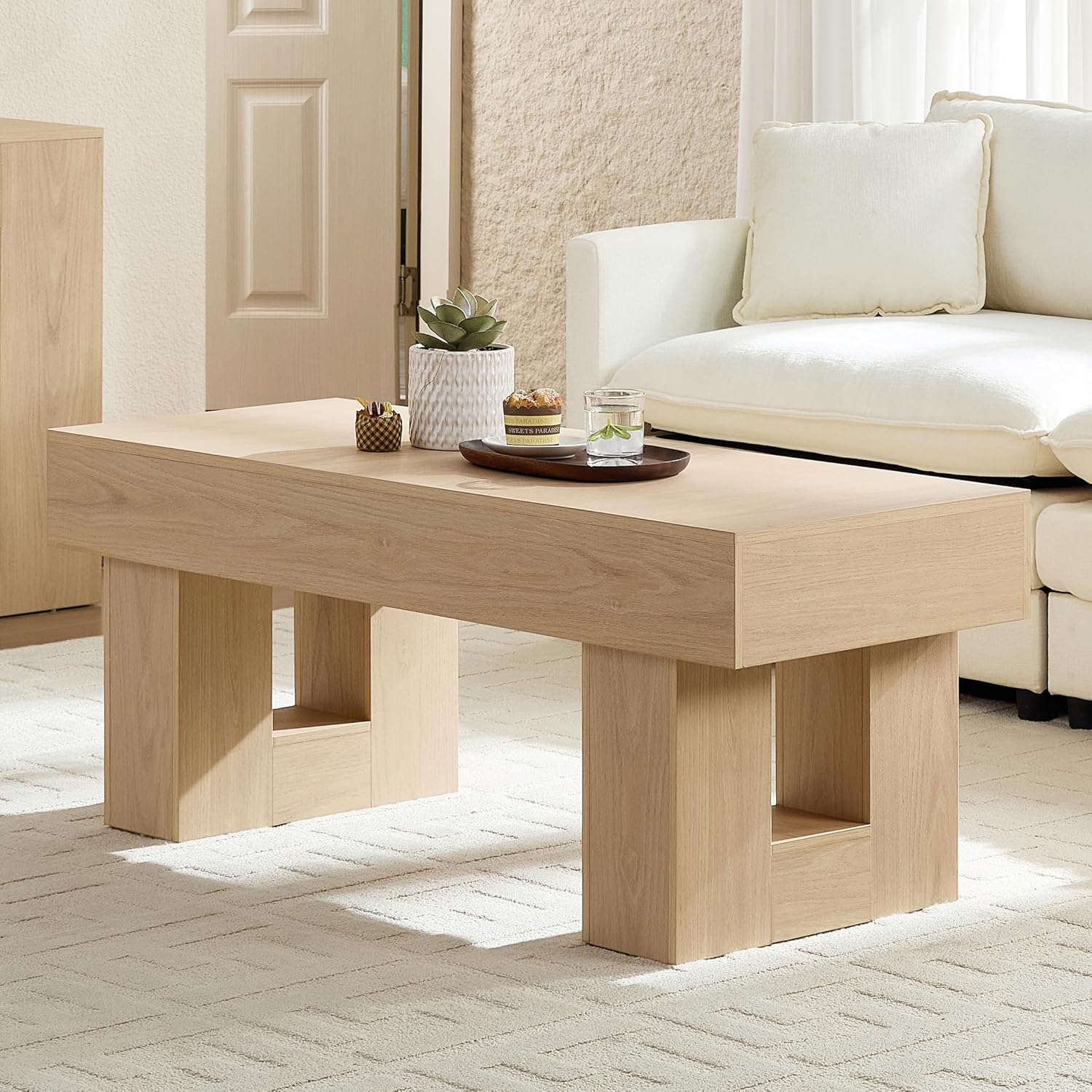 Modern Coffee Table for Living Room, Wood Rectangular Living Room Table with Sturdy Wooden Legs, Easy Assembly, 47" W x 19" D, Natural Oak