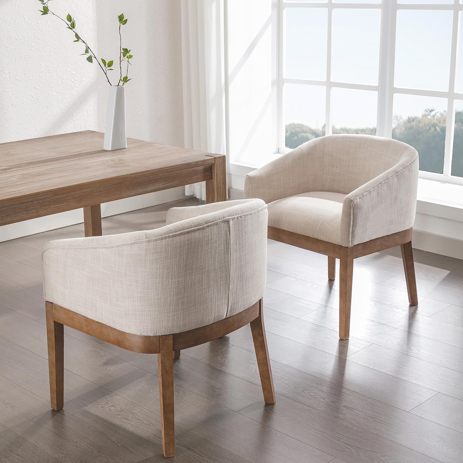 Beige Mid Century Modern Dining Chairs Set of 4, Farmhouse Linen Upholstered Accent Curved Backrest Kitchen Chairs Armchairs with Natural Wood Legs, Beige