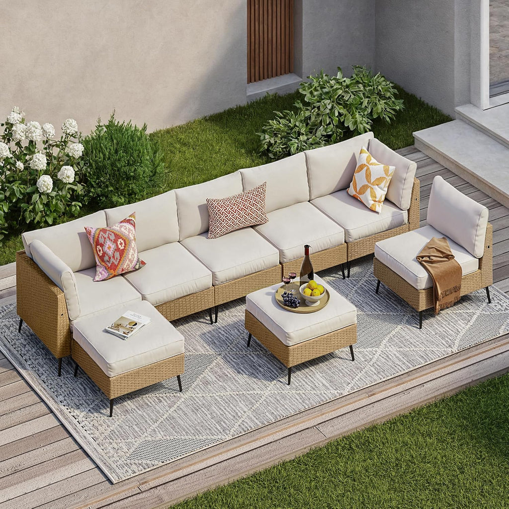 SUNCOZE 8 Pieces Outdoor Patio Furniture Sets, Outdoor Sectional Furniture PE Rattan Wicker Sofa Set, All Weather Patio Conversation Set with Cushion and Ottoman for Deck, Lawn and Pool