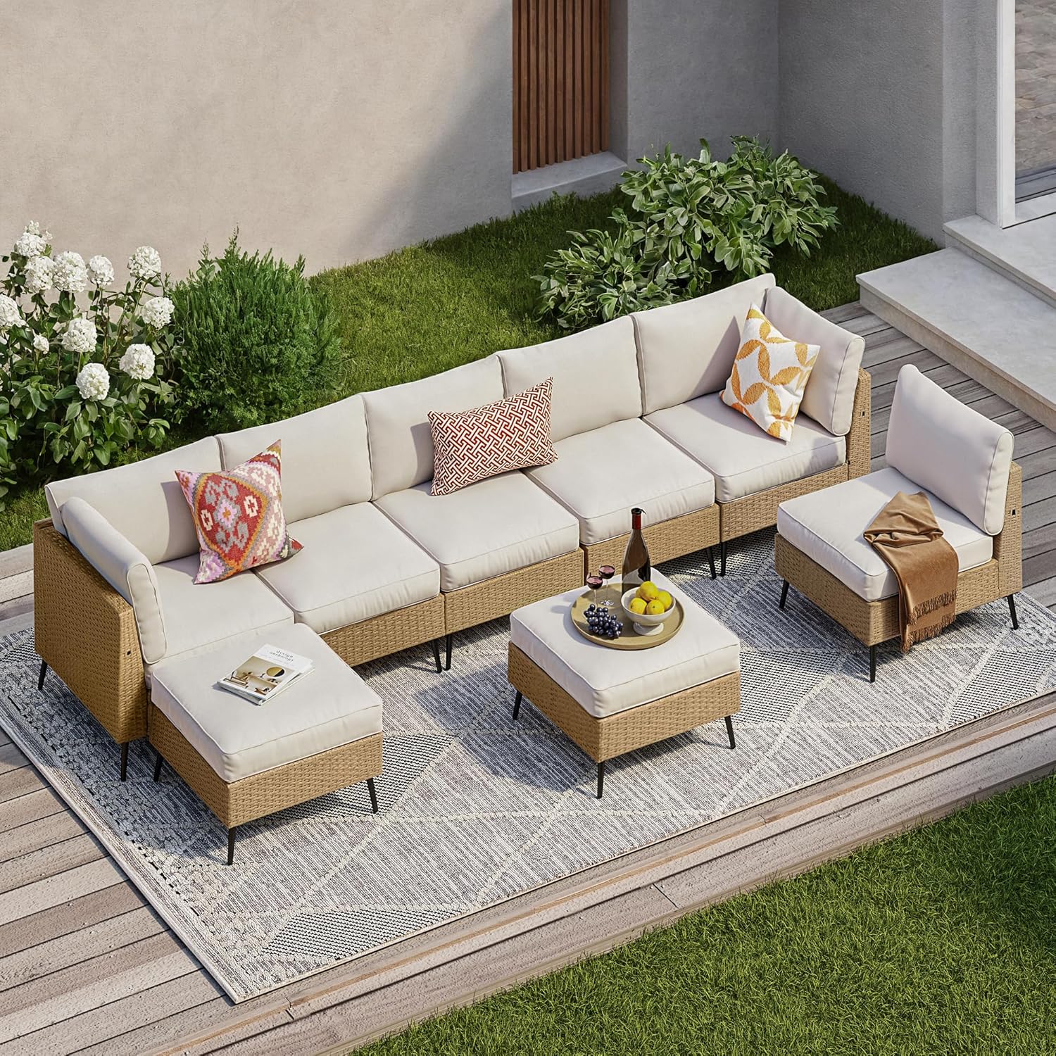 SUNCOZE 8 Pieces Outdoor Patio Furniture Sets, Outdoor Sectional Furniture PE Rattan Wicker Sofa Set, All Weather Patio Conversation Set with Cushion and Ottoman for Deck, Lawn and Pool