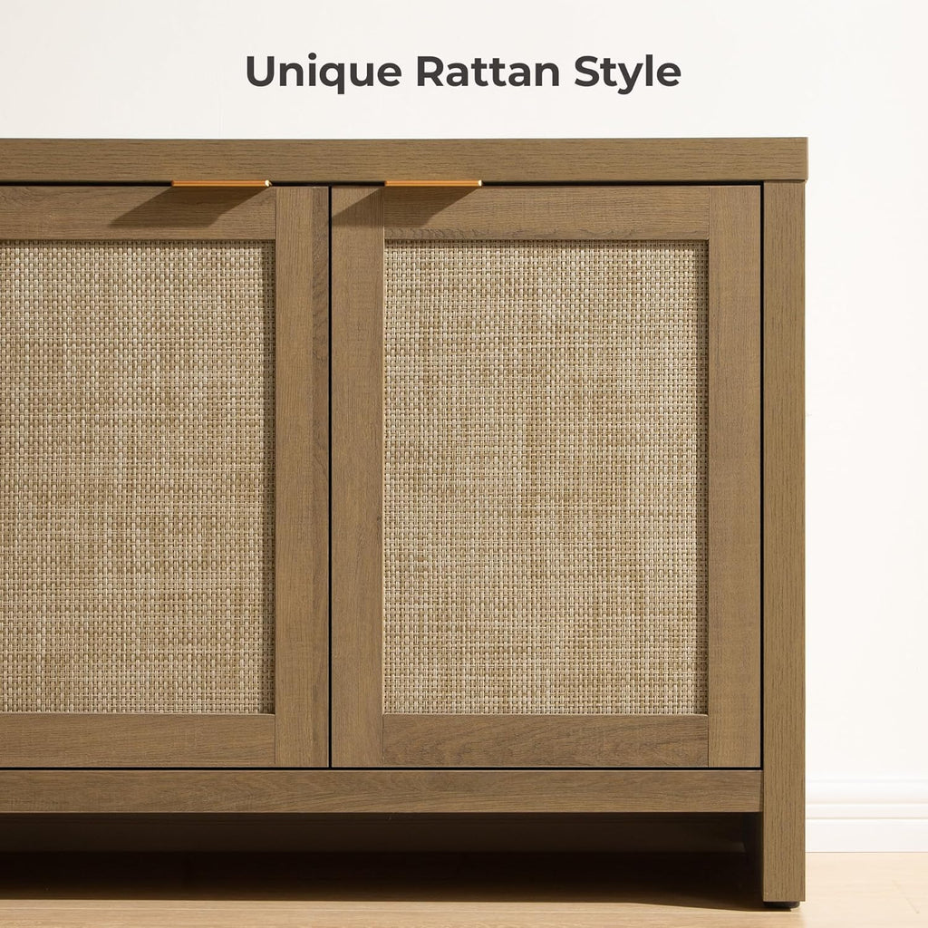 SICOTAS TV Stand for Living Room Rattan Entertainment Center for Bedroom with 4 Rattan Cabinets Farmhouse Television Stands with Storage Large Media Console Table for TVs up to 50 55 60 65 Inch