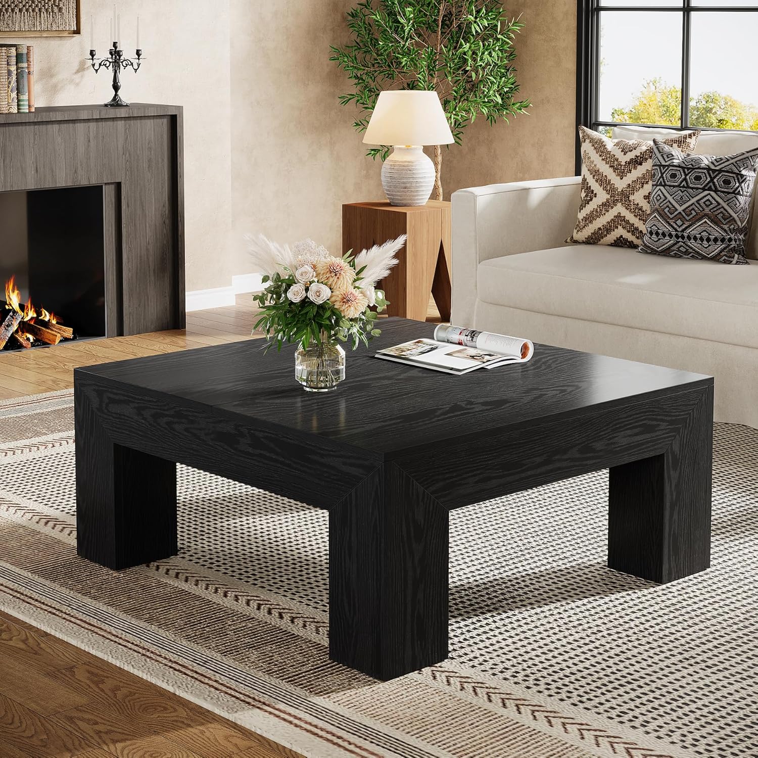Tribesigns 39.4-Inch Square Coffee Table for Living Room, Farmhouse All MDF Accent Center Cocktail Table with Sturdy Wooden Legs, Easy Assembly, Black