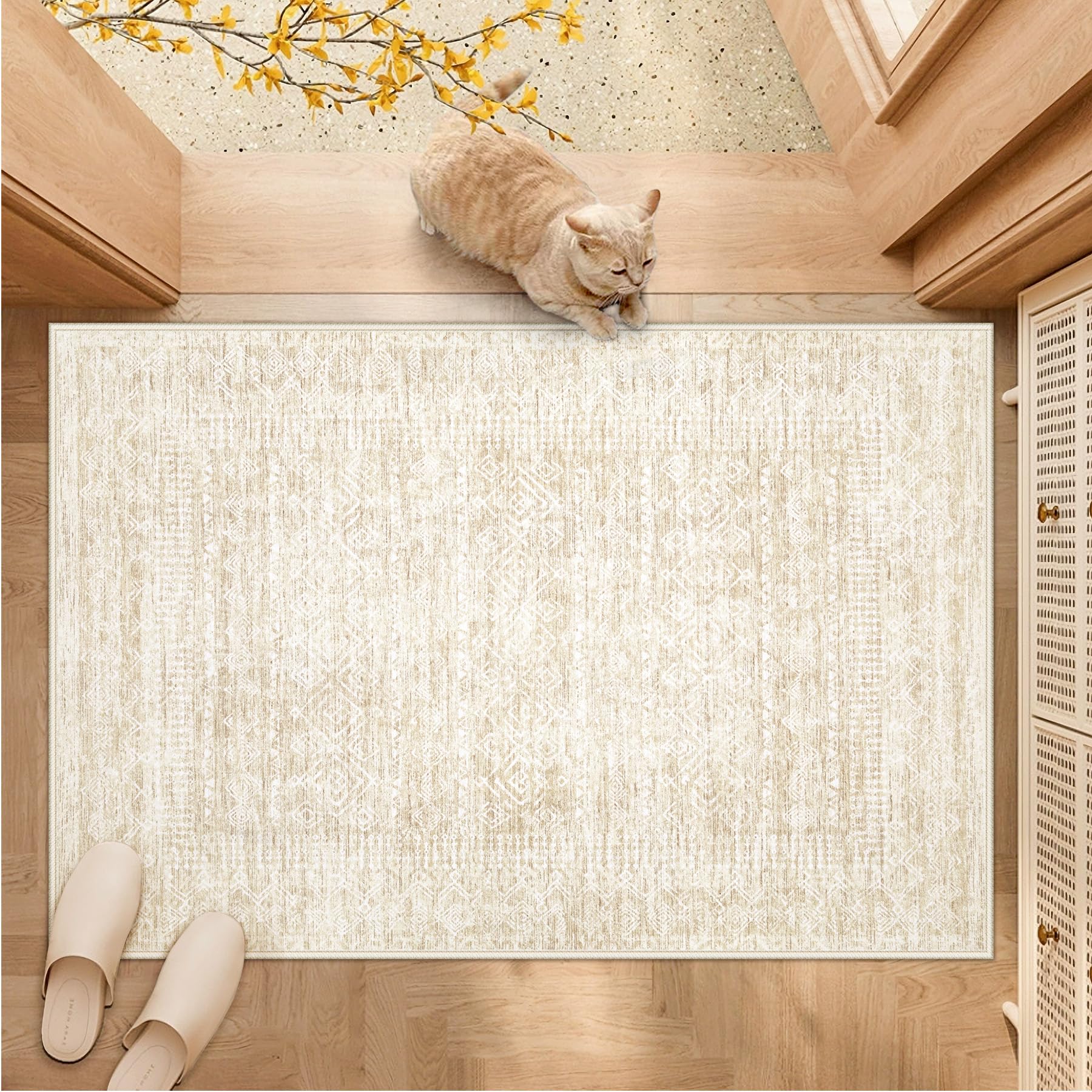 Living Room Rugs 8x10: Washable Moroccan Geometric Boho Rug Farmhouse Non Slip Stain Resistant Large Rug Low Pile Soft Carpet for Bedroom Dining Room Children Room (Beige,8'x10')