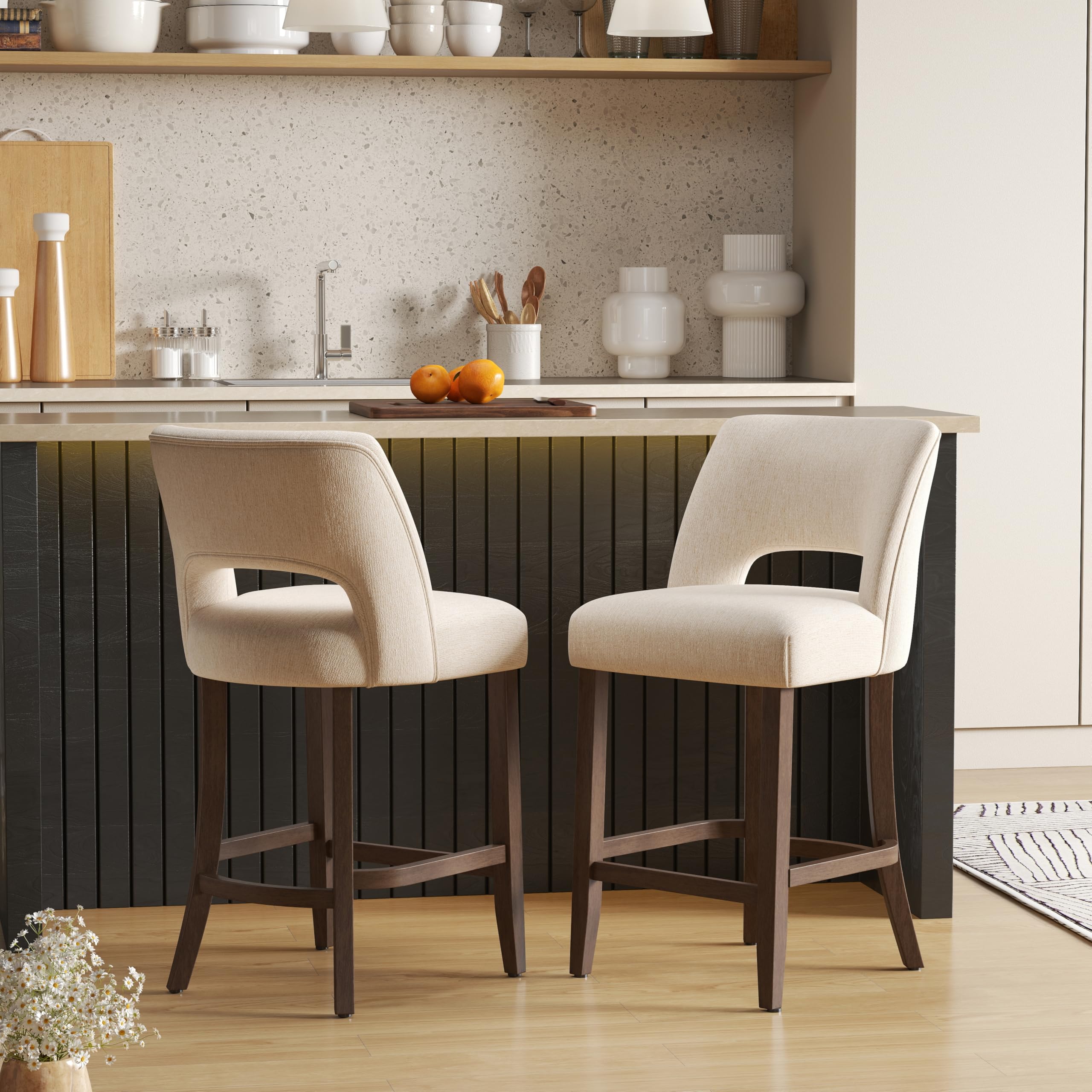 VKNOW Bar Stools Set of 4,Upholstered Counter Height Bar Stools,Modern Counter Stools with Wood Legs for Kitchen Island Dining Room Bar,Beige