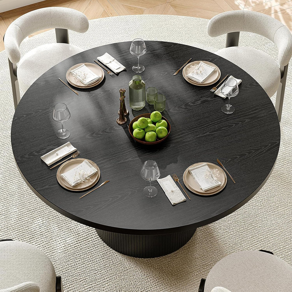 47 inch Round Dining Table for 4, Circle Kitchen Table with Wood Strip Base, Modern Farmhouse Dinner Tables for Kitchen, Living Room (Black)