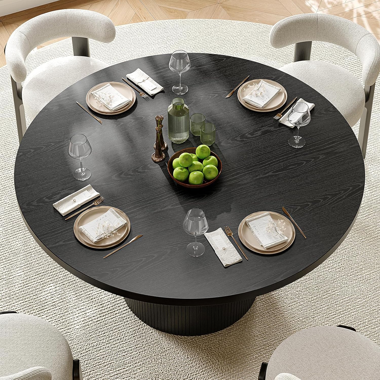 47 inch Round Dining Table for 4, Circle Kitchen Table with Wood Strip Base, Modern Farmhouse Dinner Tables for Kitchen, Living Room (Black)