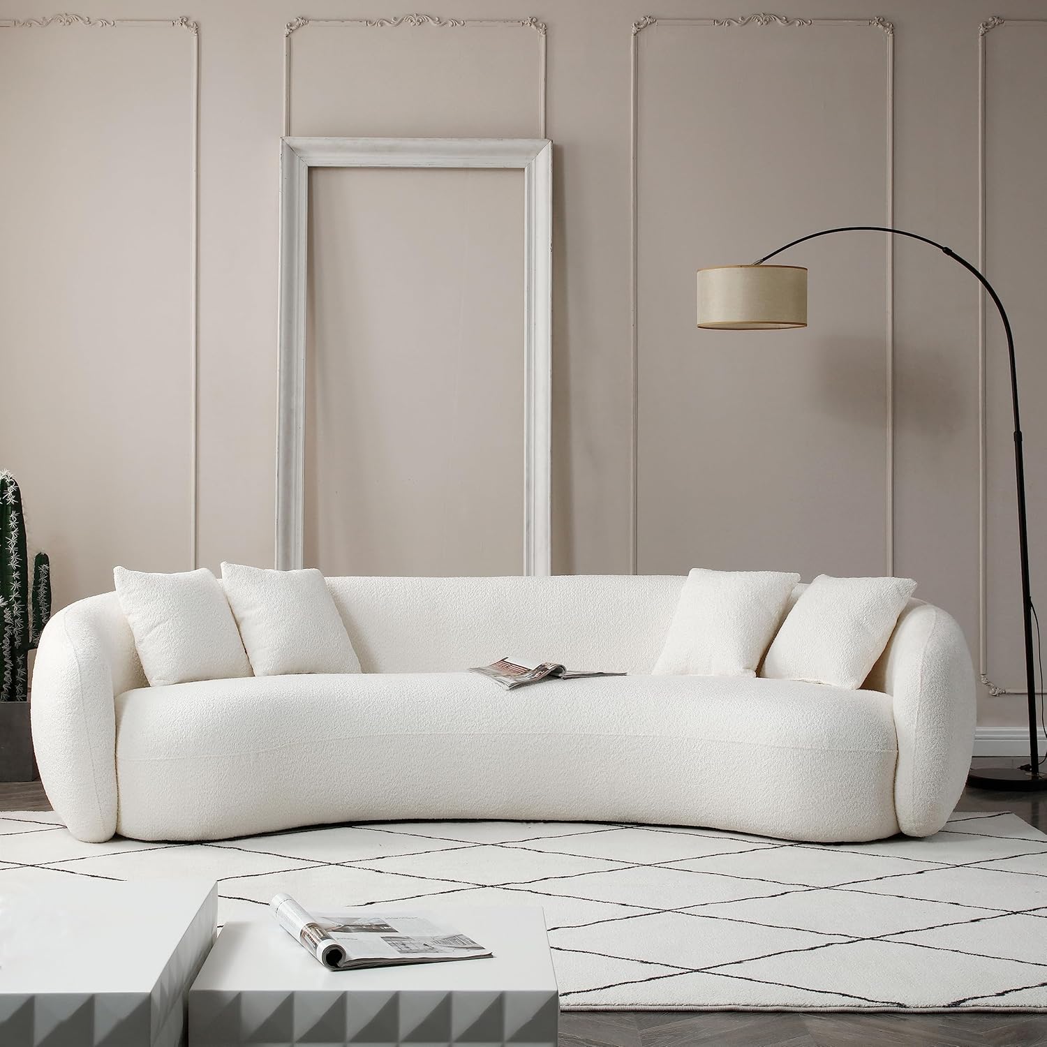 101'' Curved Sofa, Mid Century Modern Half Moon Living Room Sofa, Luxury 5-Seat With 4 Throw Pillows, Teddy Fleece Leisure Couch for Apartment, Office, Bedroom, Beige