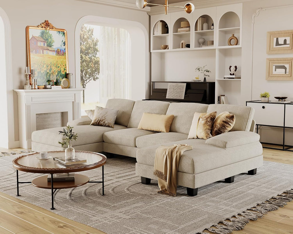 Furmax Sectional Couches for Living Room, U-Shaped Sofa Couch with Linen Fabric, 4 Seat Sofa Set with Double Chaise for Apartment (Corduroy, Beige)