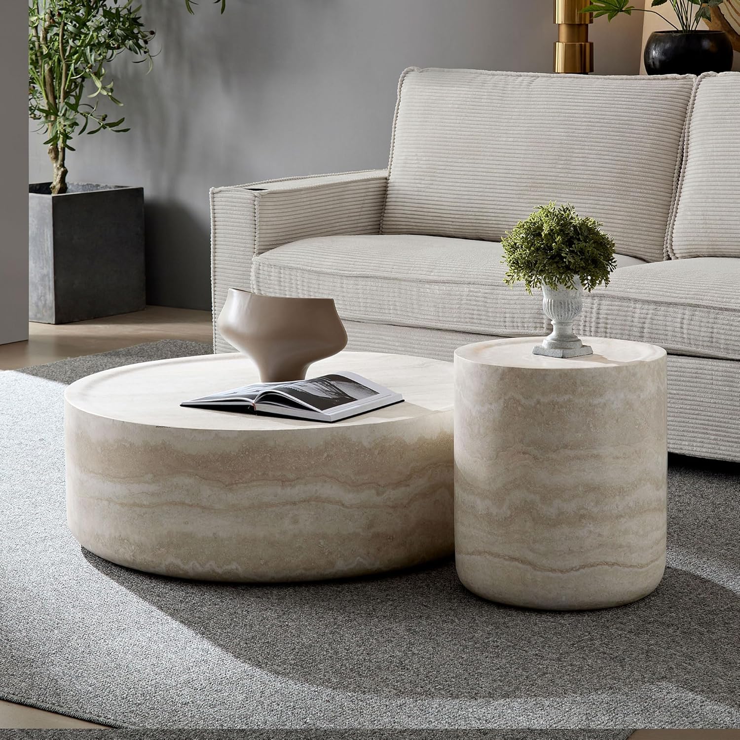 Round Coffee Table for Living Room Circle Coffee Table Modern Drum Center Table for Apartment, No Need Assembly (Fiberglass 31.49'' Mars Pattern)