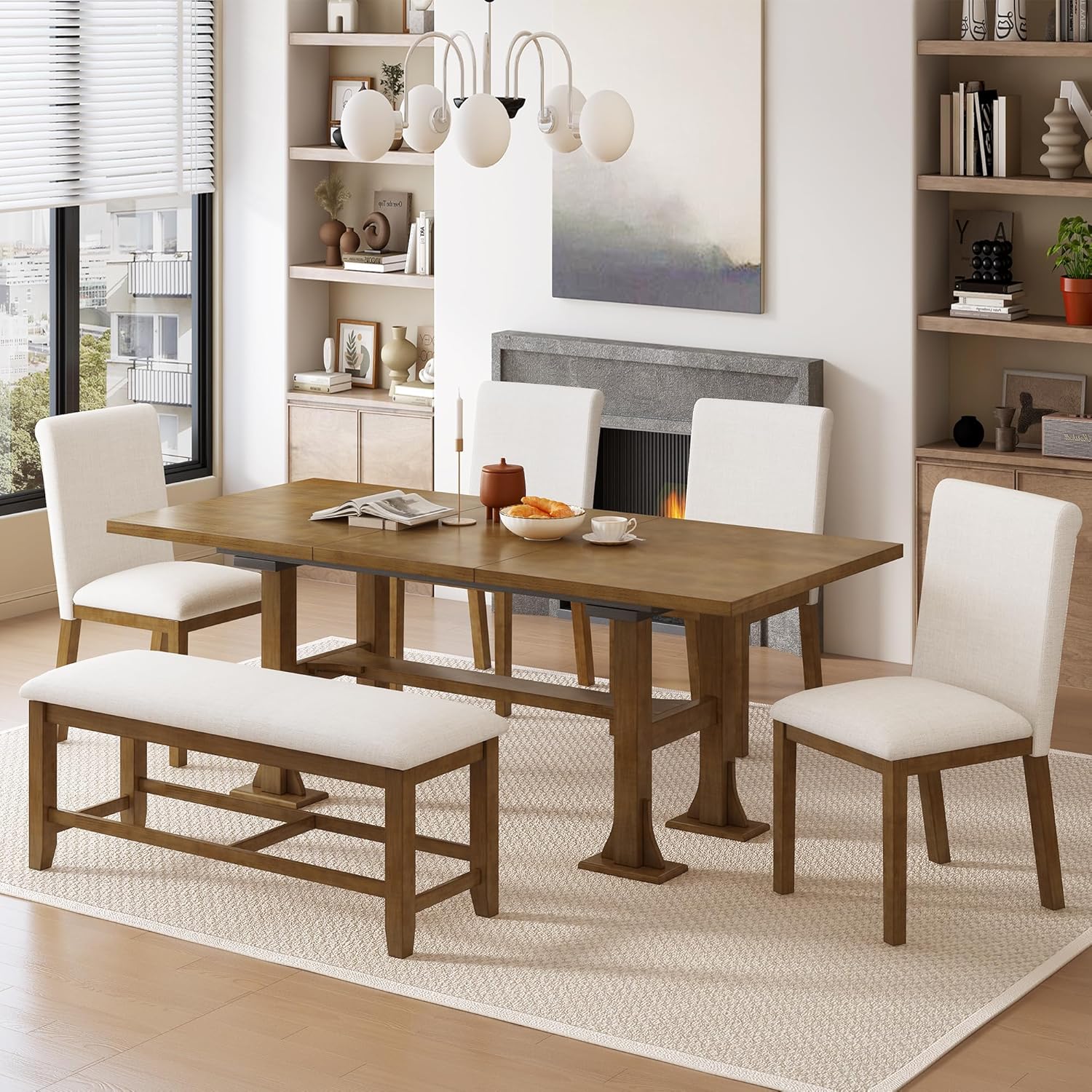 Merax 6-Piece Dining Table Set, 76 inch Extendable Table with 18inch Removable Leaf & Upholstered Chair & Bench, Wood Rectangular Dining Set, Farmhouse Kitchen Dining Table Set for 6(Dark Brown)