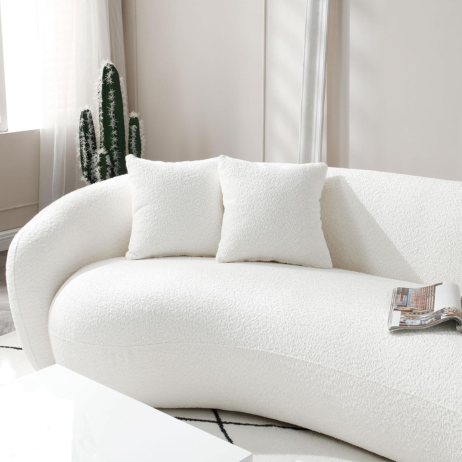 101'' Curved Sofa, Mid Century Modern Half Moon Living Room Sofa, Luxury 5-Seat With 4 Throw Pillows, Teddy Fleece Leisure Couch for Apartment, Office, Bedroom, Beige