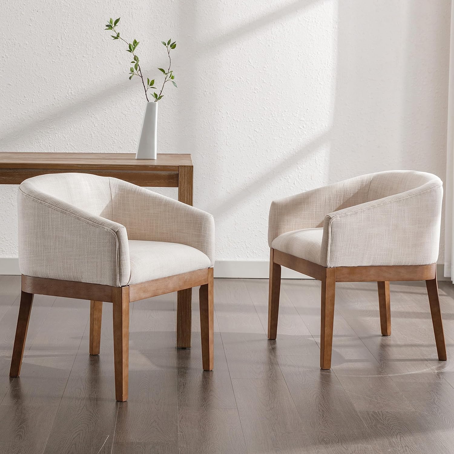 Beige Mid Century Modern Dining Chairs Set of 4, Farmhouse Linen Upholstered Accent Curved Backrest Kitchen Chairs Armchairs with Natural Wood Legs, Beige