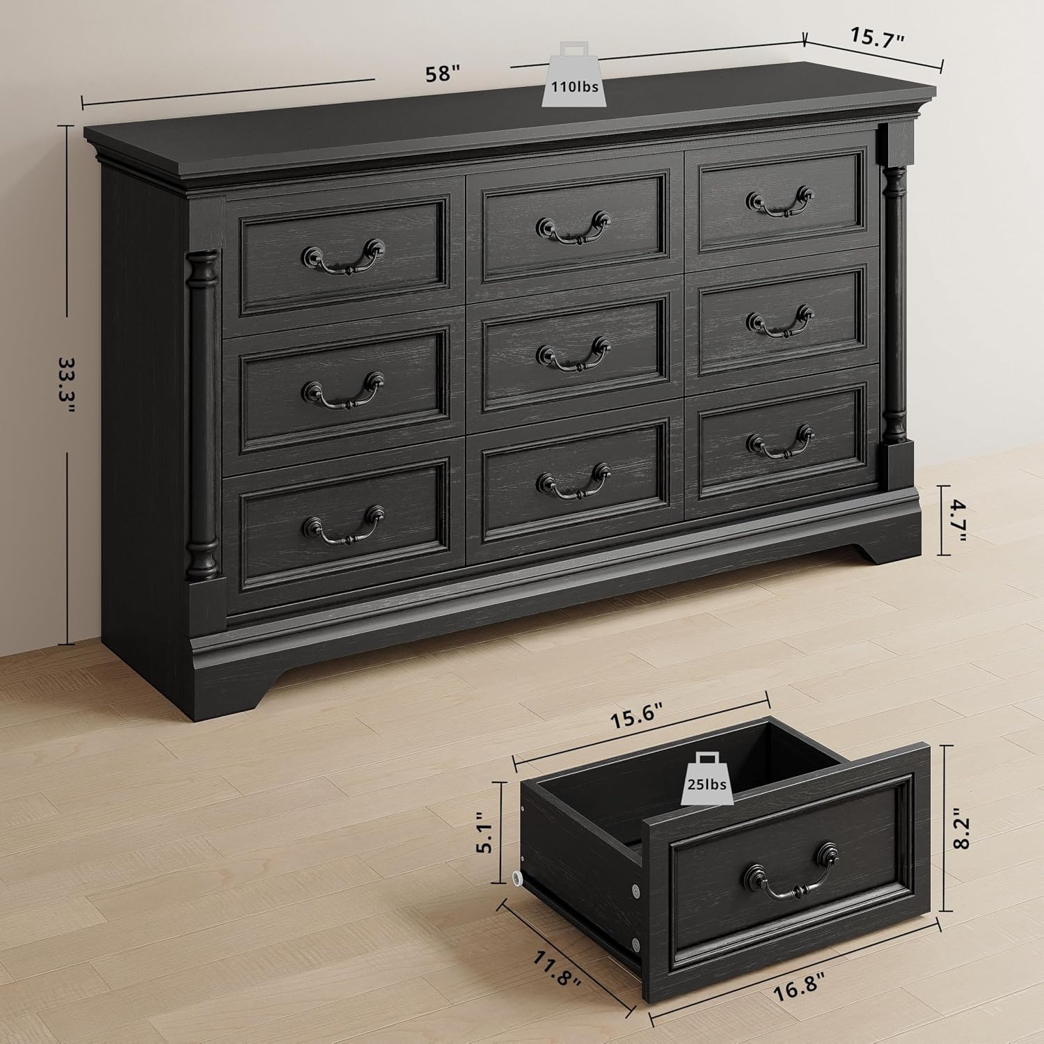LIKIMIO Farmhouse Dresser for Bedroom with 9 Drawers, 58" Wide Wood Chest of Drawers with Roman Column, Dresser TV Stand for 65", Closet Storage Dressers Organizer for Bedroom, Living Room, Hallway