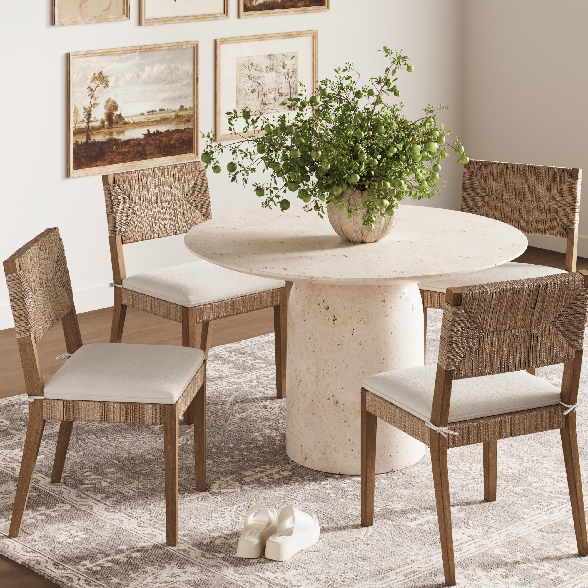 Nathan James Beacon Boho Dining Chair, Boucle Dining Chair with Seagrass Accent and Solid Wood Legs, Cream Boucle/Light Brown