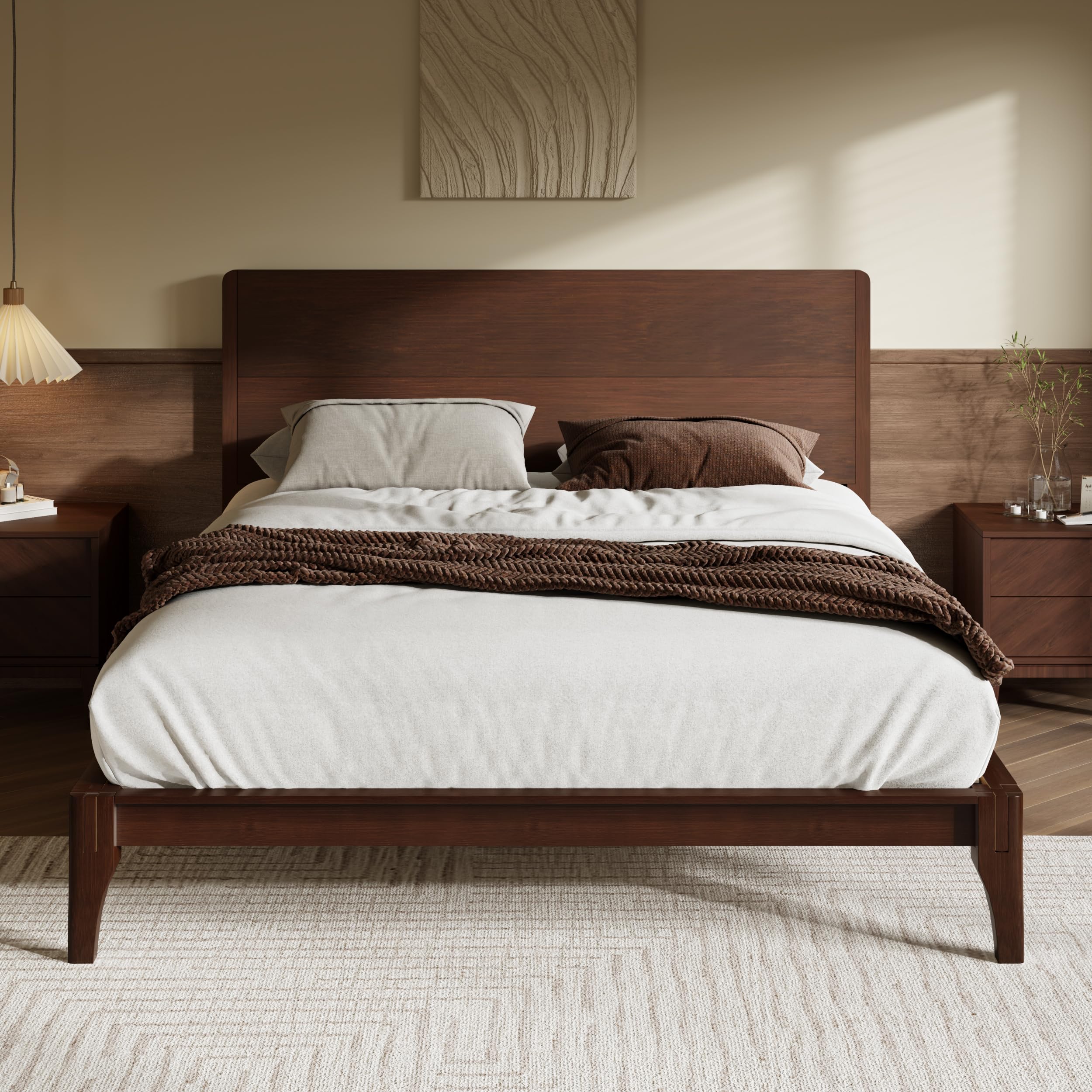 Merax Queen Size Bamboo Platform Bed, Mid-Century Modern Bed Frame with Tall Headboard, Solid Sustainable Bedframe Queen-size, Wood Slat Support, No Box Spring Needed, Easy Assembly, Noise Free, Brown
